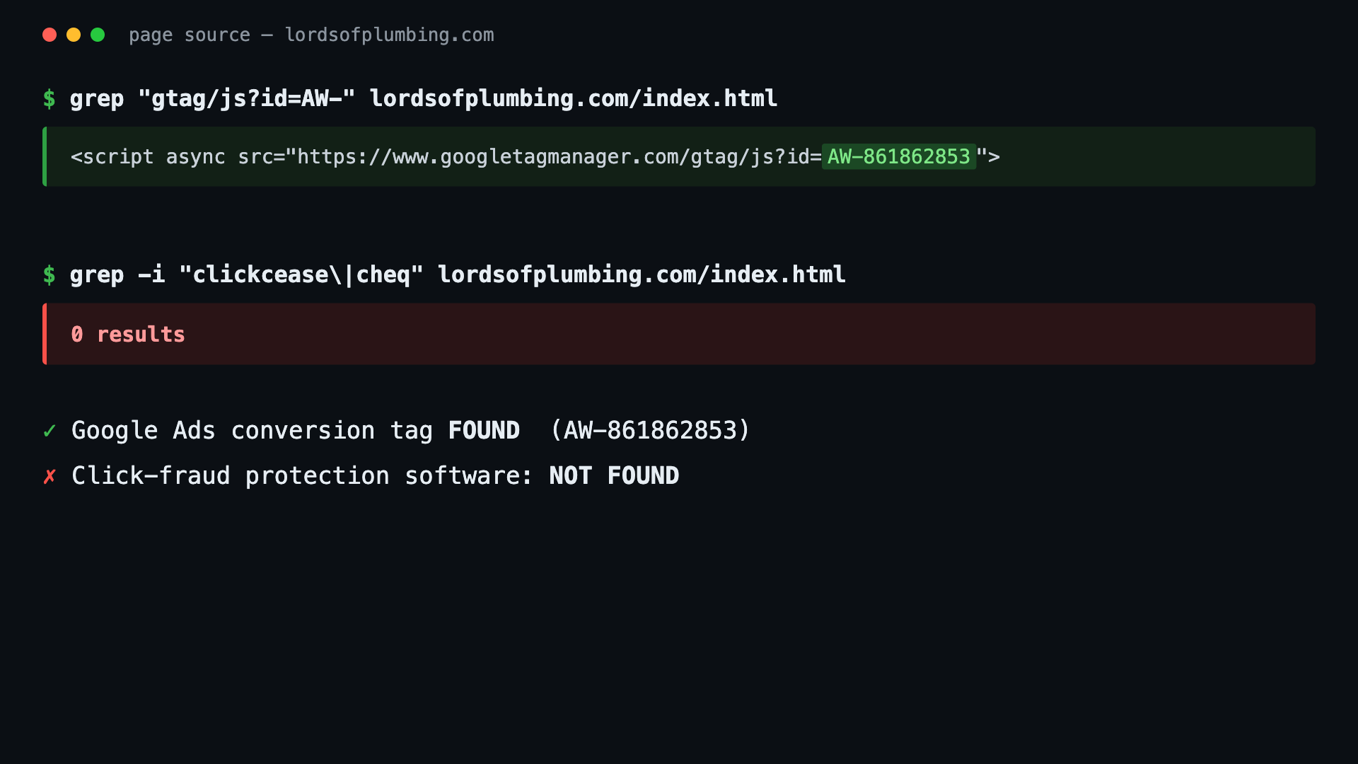 Page source scan of lordsofplumbing.com showing a live Google Ads conversion tag with zero matches for click-fraud protection scripts