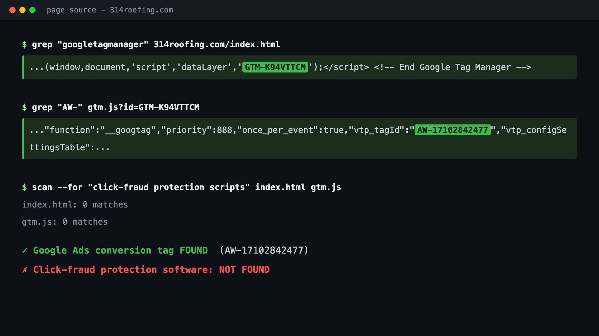 Page source scan of 314roofing.com showing a Google Tag Manager container and Google Ads conversion tag, with zero matches for click-fraud protection scripts