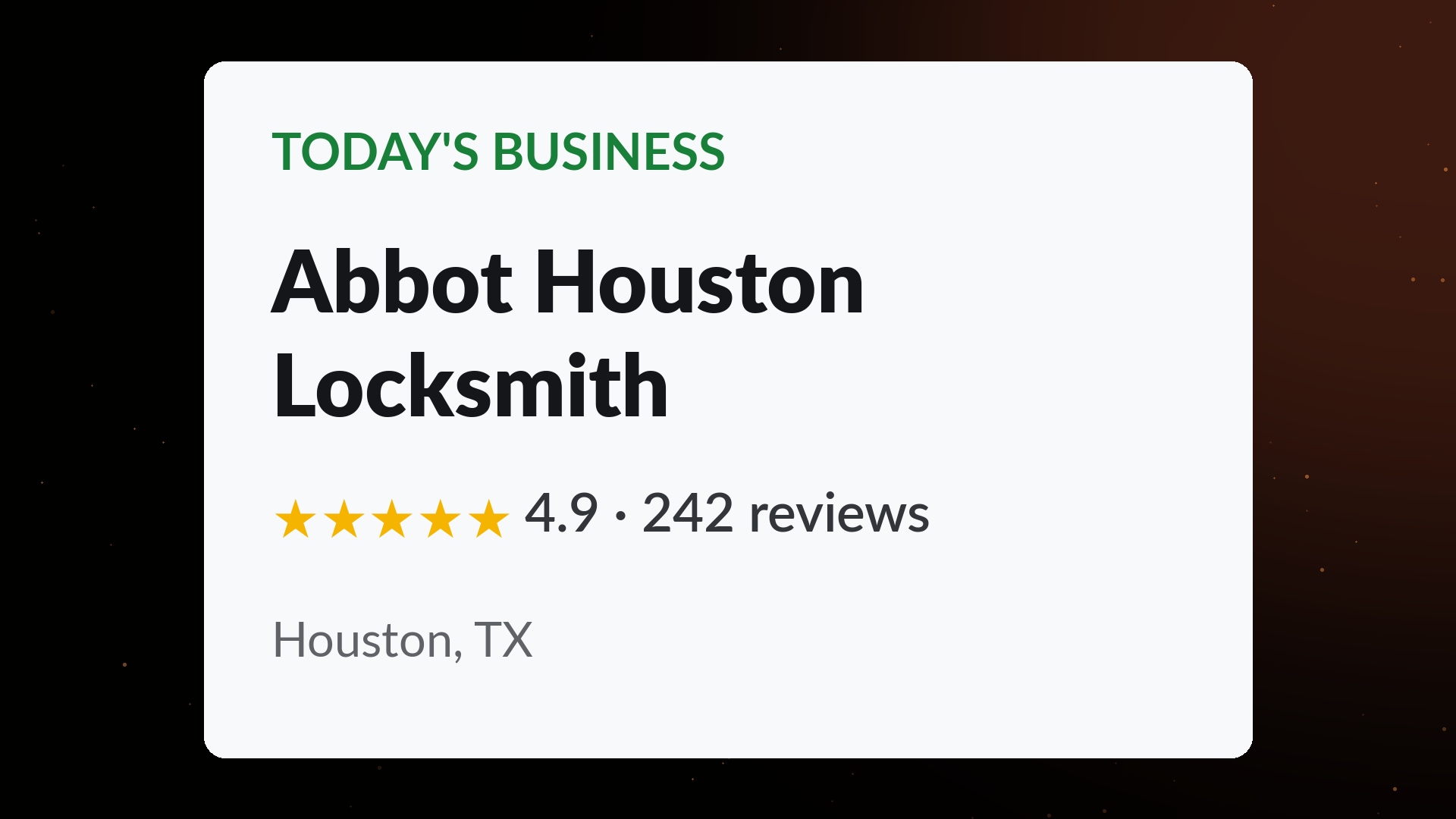 Abbot Houston Locksmith business card showing a 4.9 star rating across 242 Google reviews in Houston, TX