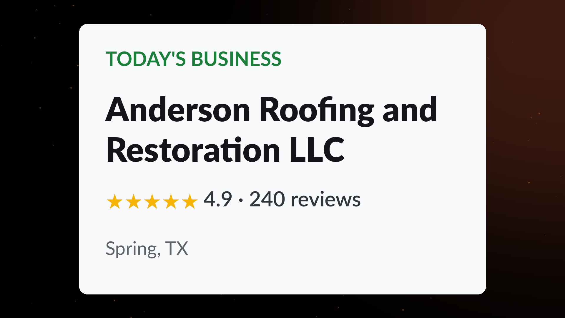 Anderson Roofing and Restoration LLC business card showing a 4.9 star rating across 240 Google reviews in Spring, TX
