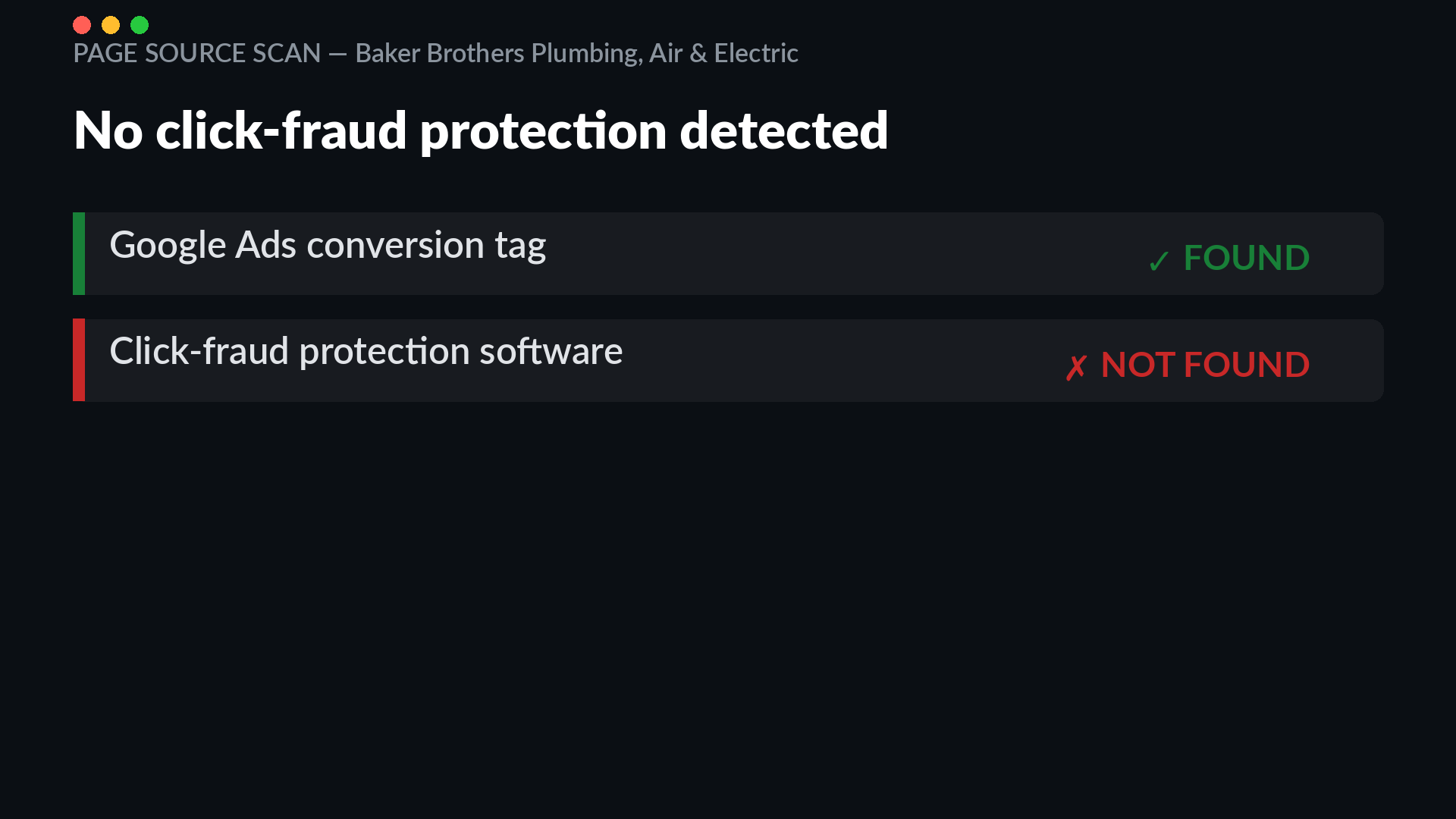 Page source of bakerbrothersplumbing.com showing a live Google Ads conversion tag with no click-fraud protection script found