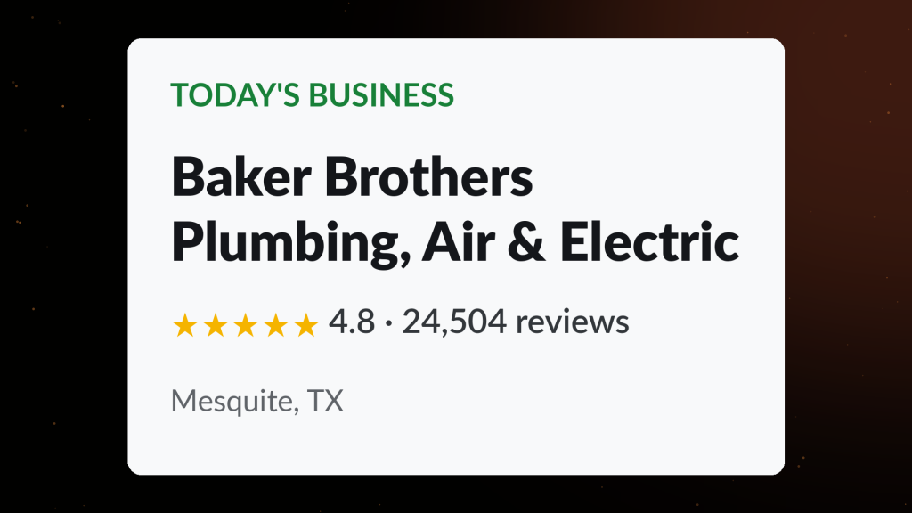 Google Business Profile for Baker Brothers Plumbing, Air & Electric showing a 4.8 star rating across 24,504 reviews in Mesquite, TX
