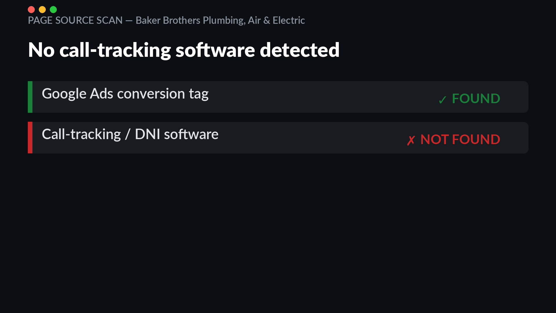Page source scan of bakerbrothersplumbing.com returning no call-tracking or dynamic number insertion script