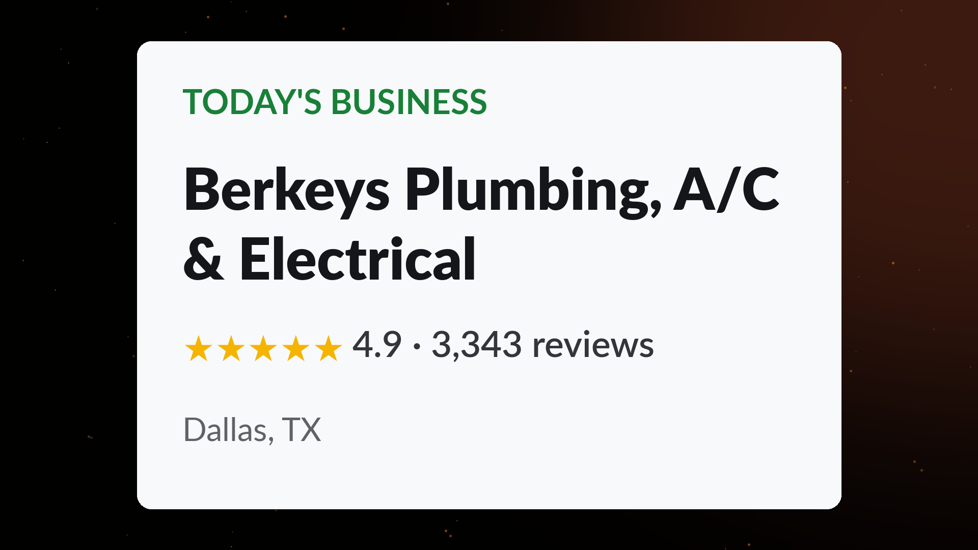 Berkeys Plumbing, A/C and Electrical business card showing a 4.9 star rating across 3,343 Google reviews in Dallas, TX