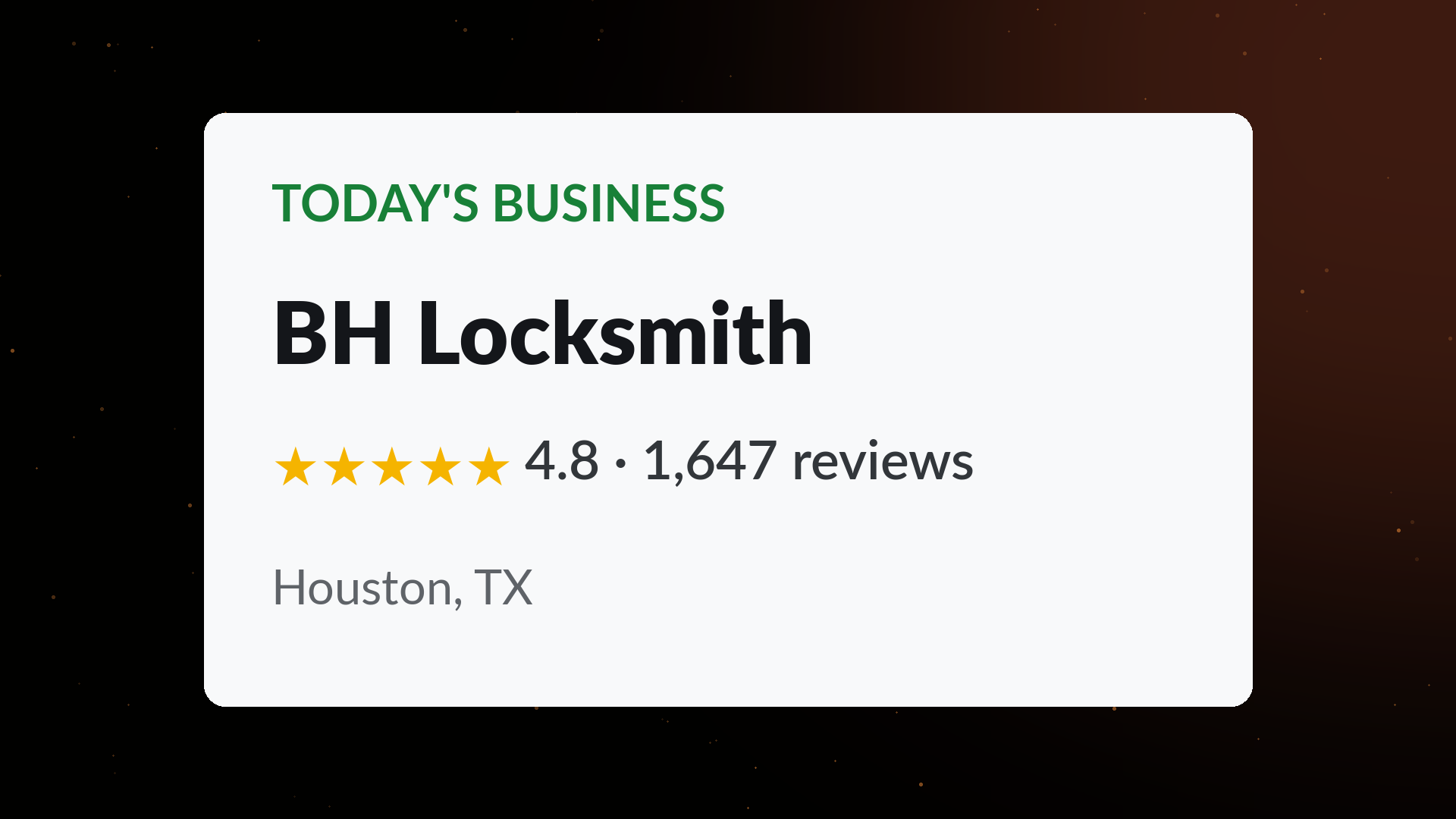 BH Locksmith business profile card showing a 4.8 star rating across 1,647 Google reviews in Houston, TX