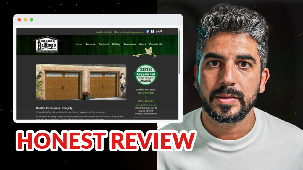 Bullfrog's Garage Door Company review: 4.9 stars across 790 reviews — and the phone link on their own homepage is broken. (Surprise, AZ marketing breakdown)