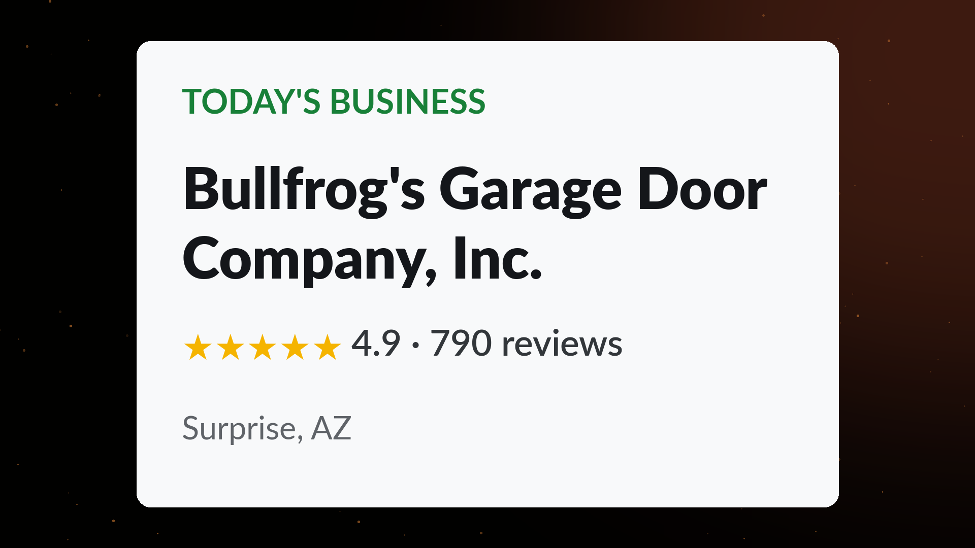 Bullfrog's Garage Door Company business profile card showing a 4.9 star rating across 790 Google reviews in Surprise, AZ