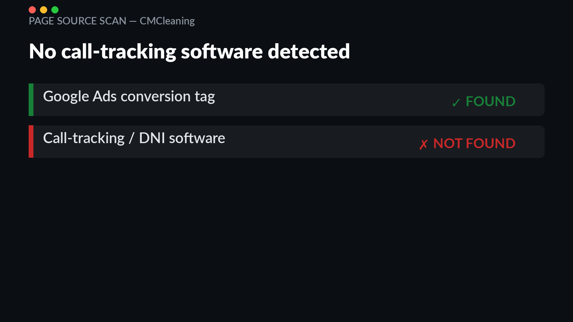 Page source scan of californiamobilecleaning.com showing a Google Ads conversion tag but no call-tracking or DNI script