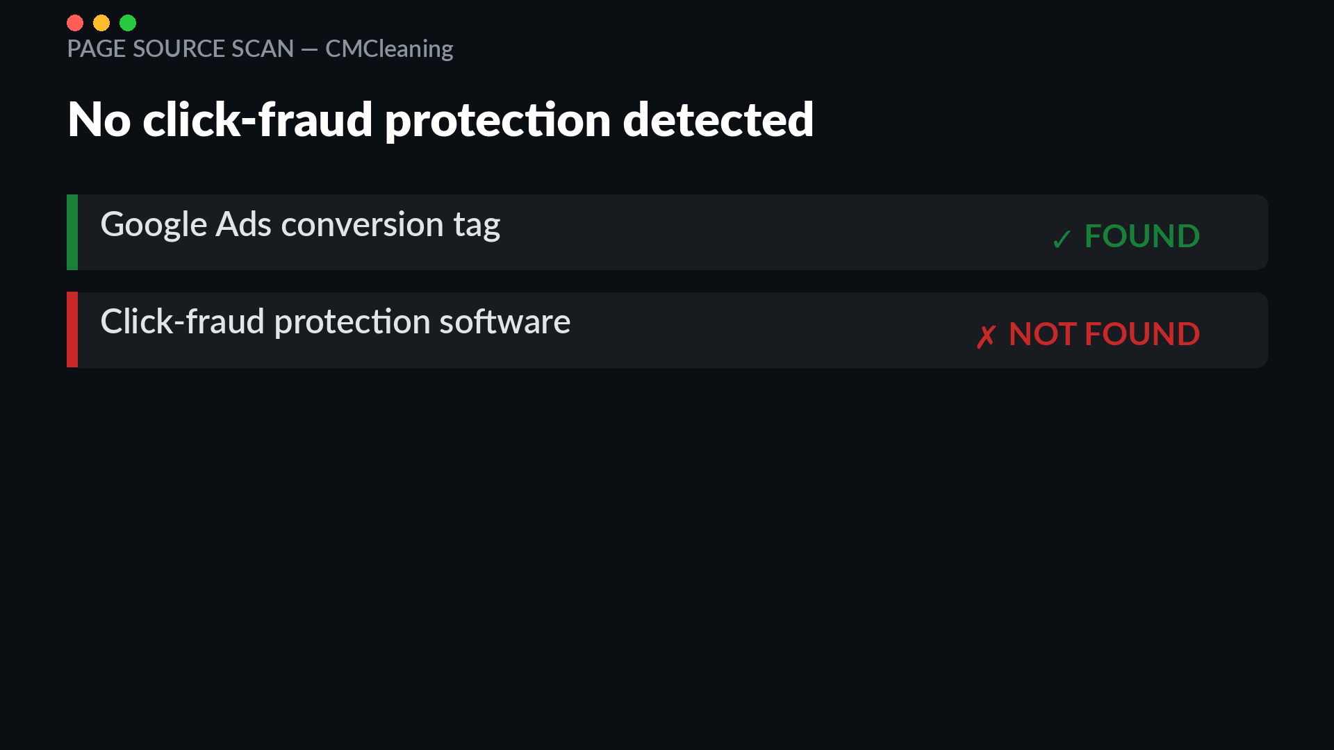 Page source scan of californiamobilecleaning.com showing a Google Ads conversion tag but no click-fraud protection script
