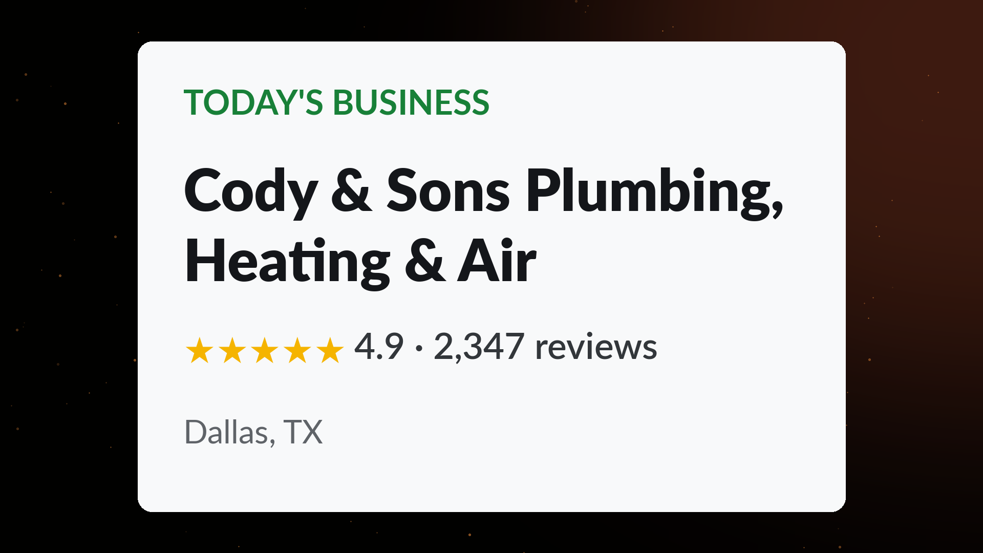 Cody & Sons Plumbing, Heating & Air business card showing a 4.9 star rating across 2,347 Google reviews in Dallas, TX