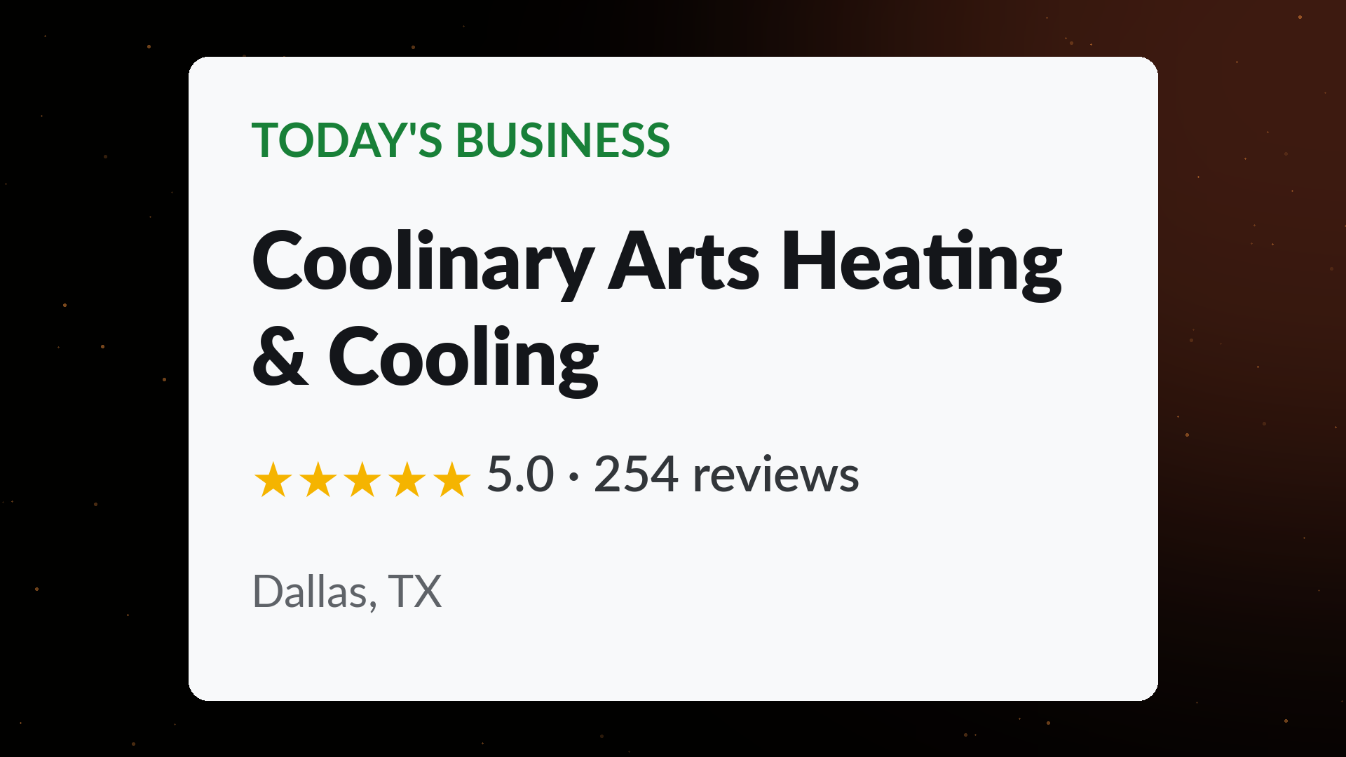 Coolinary Arts Heating and Cooling business profile showing a perfect 5.0 star rating across 254 Google reviews in Dallas, TX