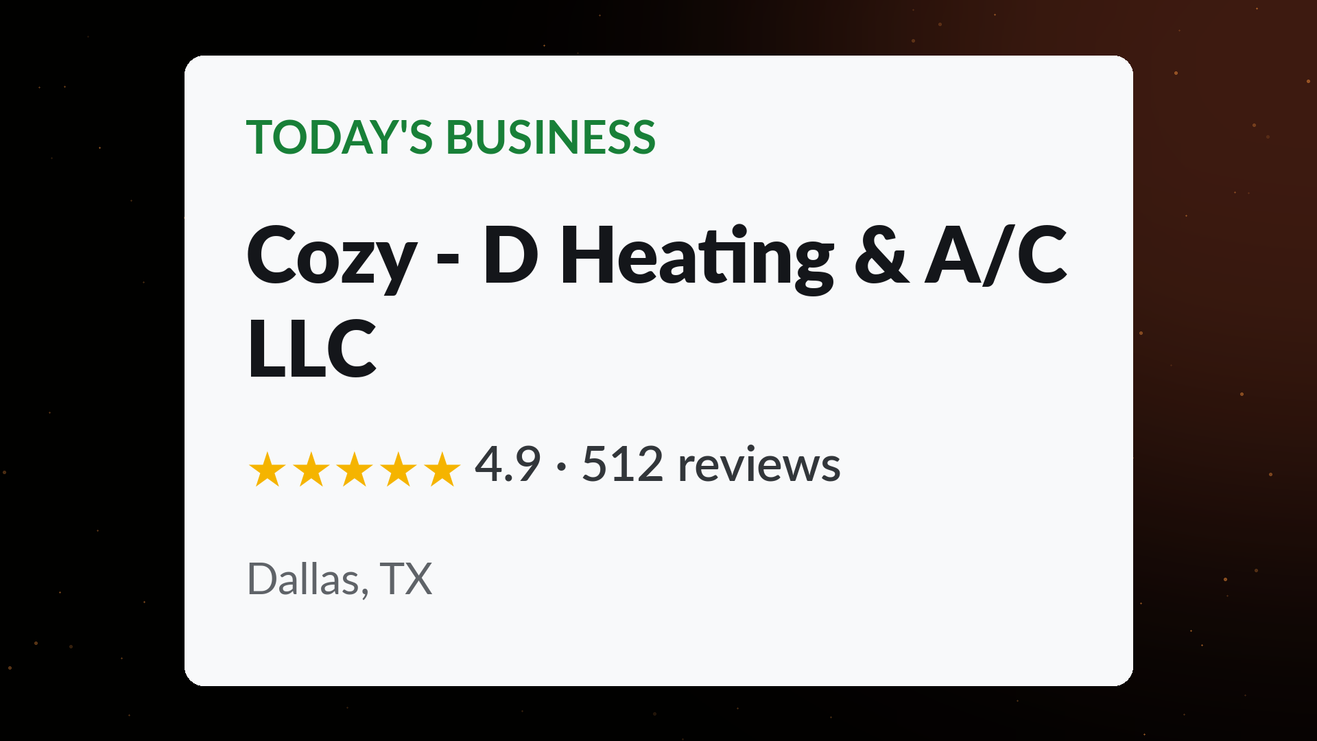 Cozy - D Heating and A/C LLC business card showing a 4.9 star rating across 512 Google reviews in Dallas, TX