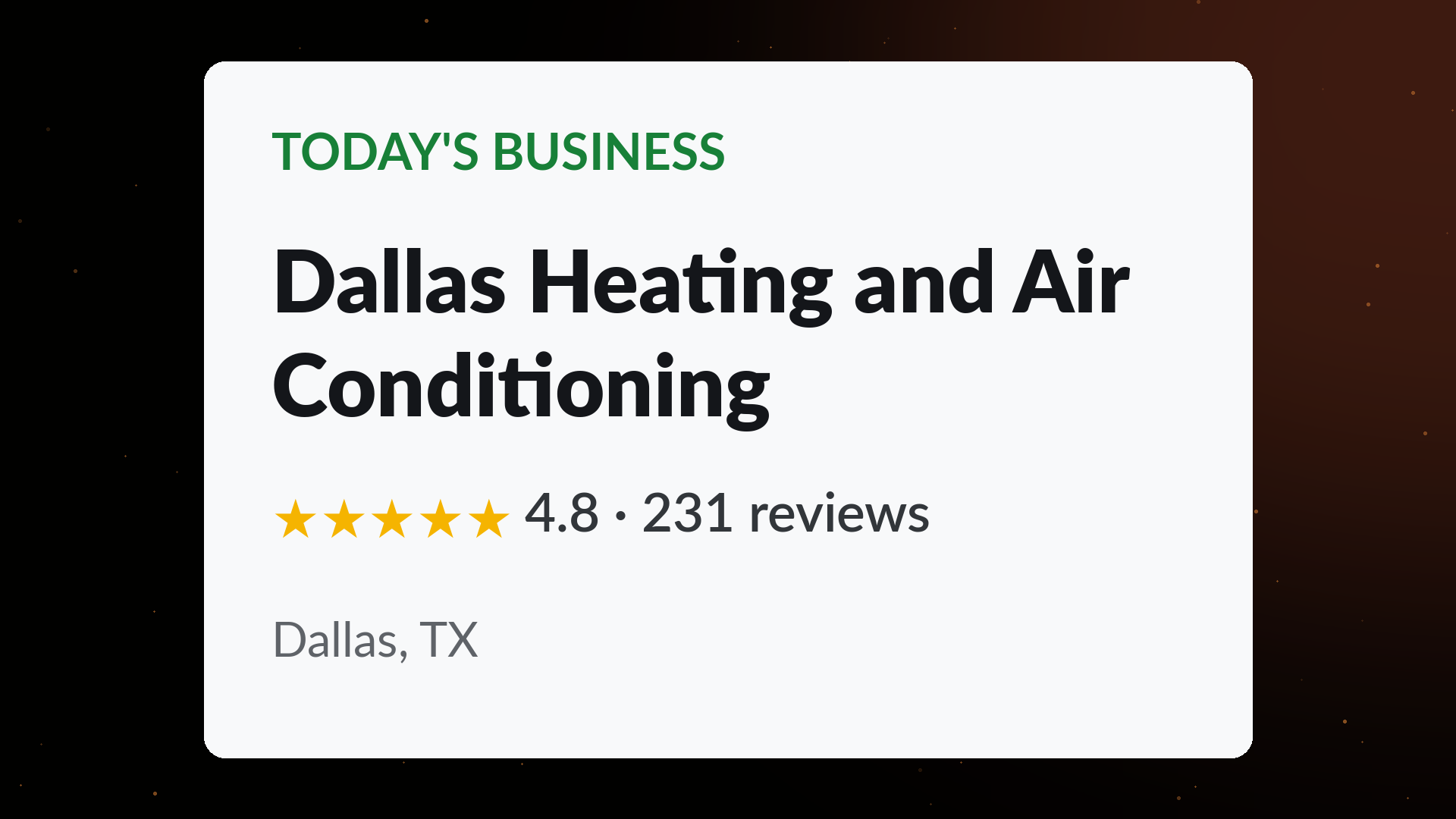 Dallas Heating and Air Conditioning business card showing a 4.8 star rating across 231 Google reviews in Dallas, TX