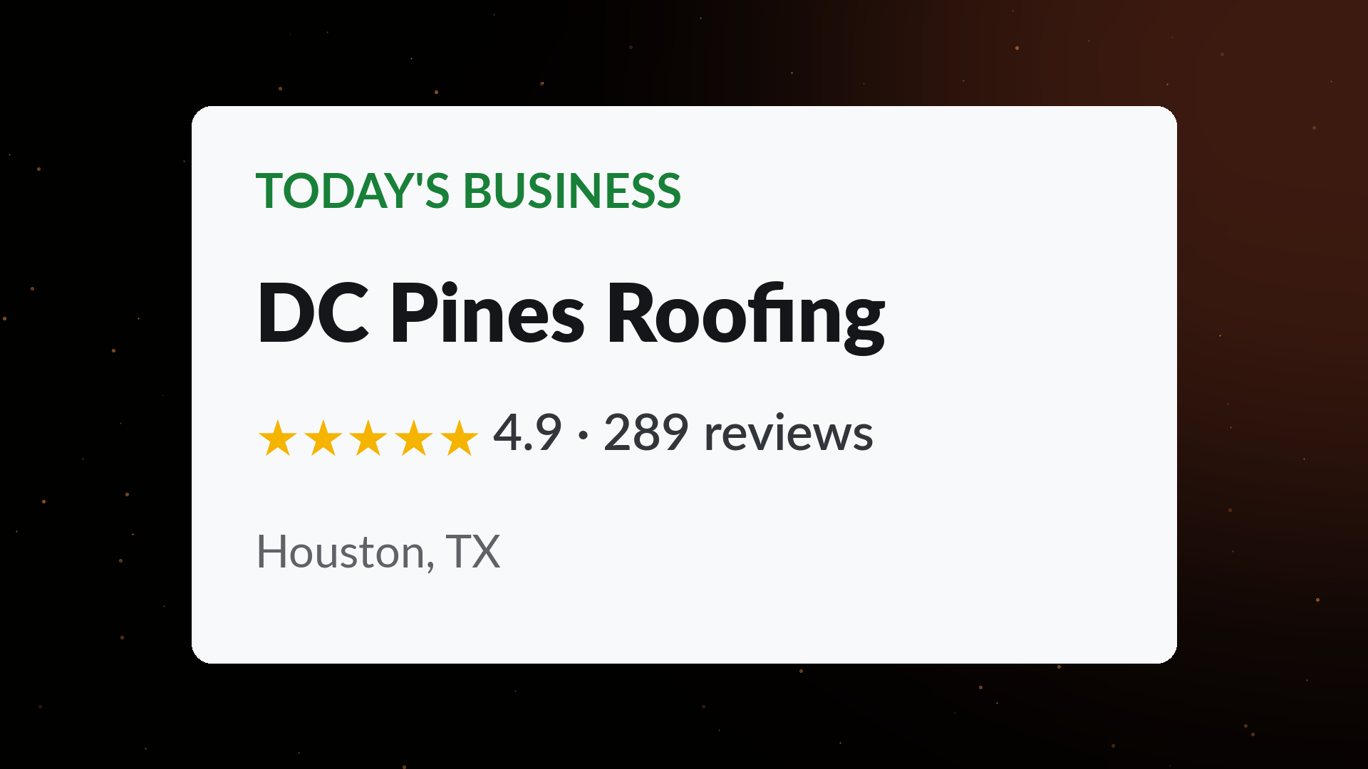 DC Pines Roofing business card showing a 4.9 star rating across 289 Google reviews in Houston, TX