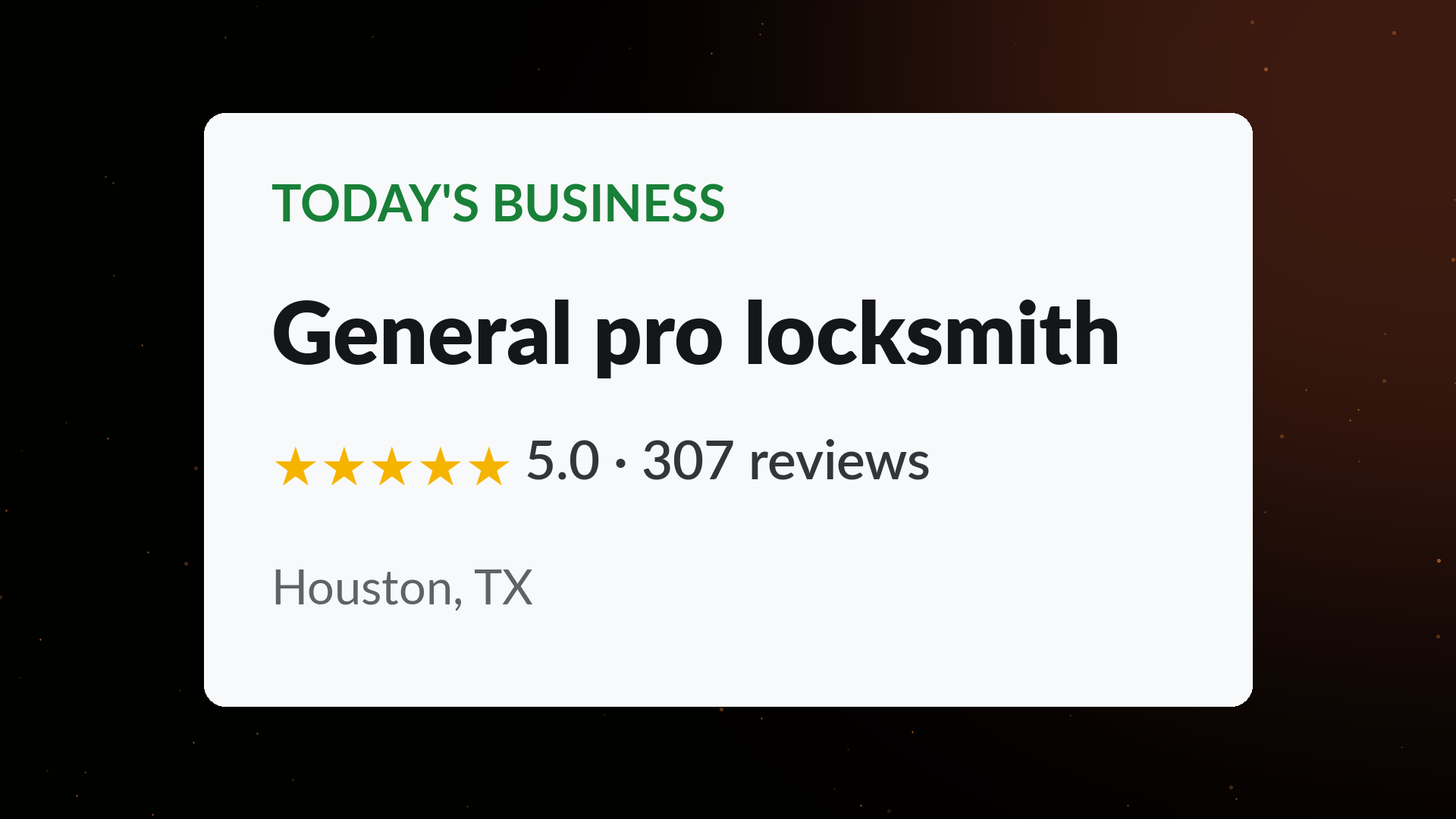 General Pro Locksmith business card showing a perfect 5.0 star rating across 307 Google reviews in Houston, TX
