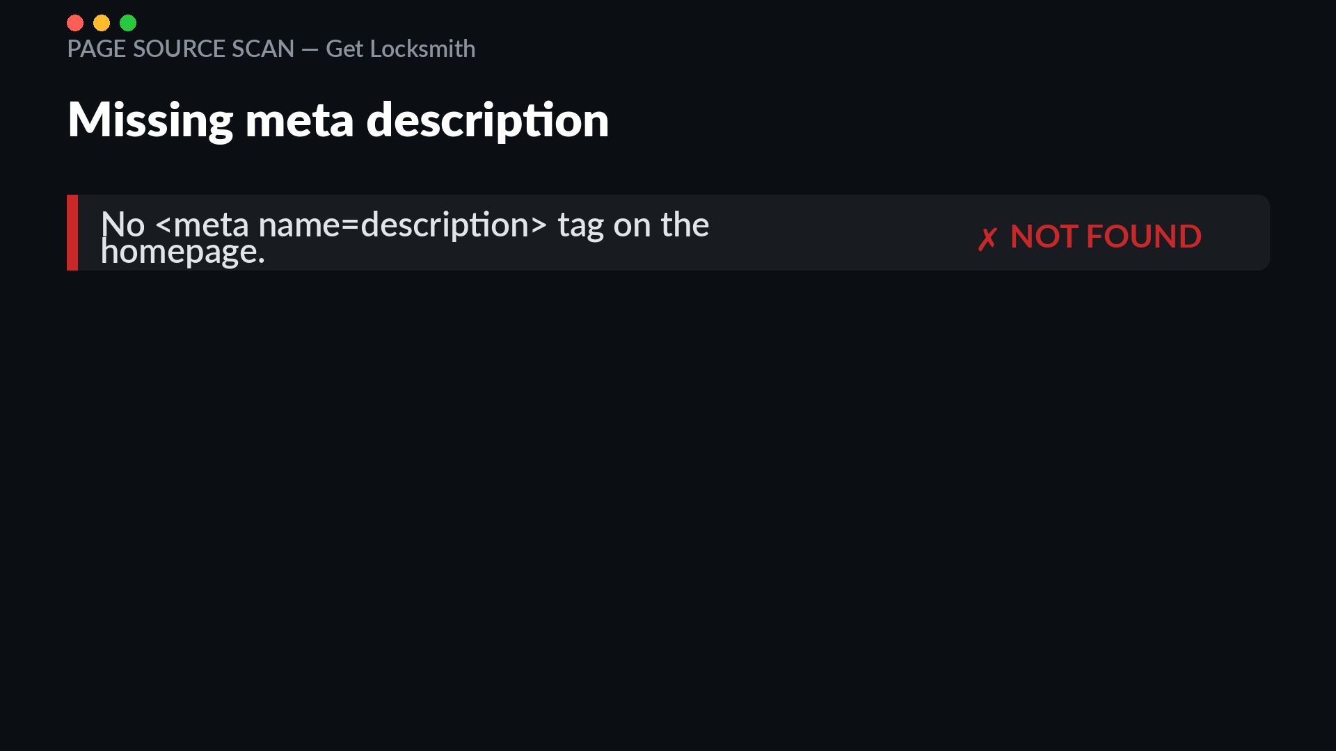 Page source scan of get-locksmith.com showing no meta description tag on the homepage
