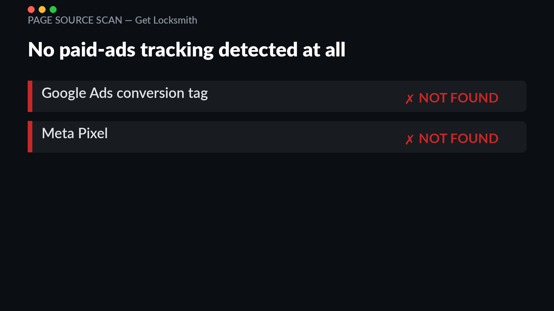 Page source scan of get-locksmith.com showing no Google Ads conversion tag and no Meta pixel