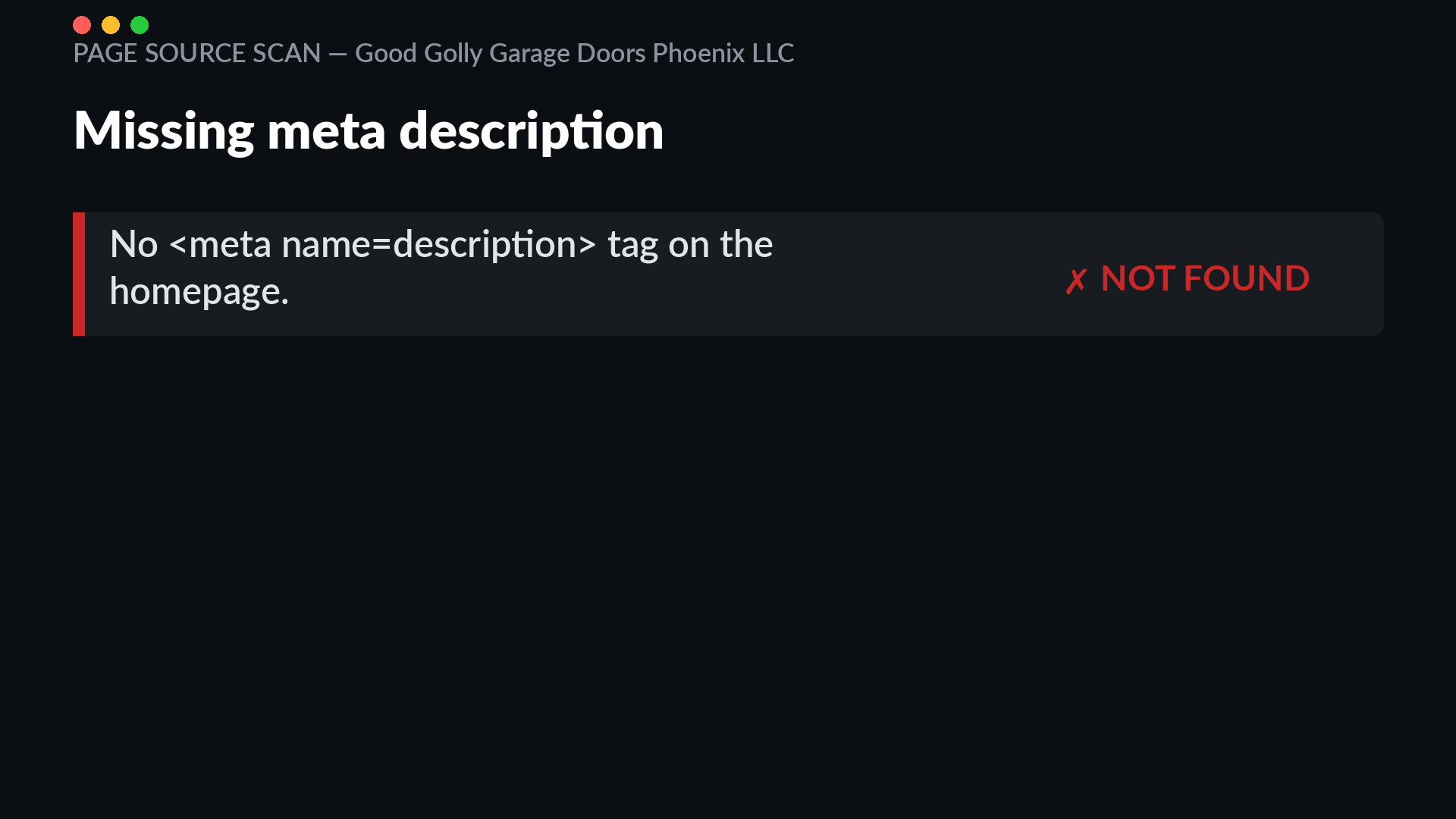 Source scan of goodgollygarage.com showing no meta name description tag on the homepage
