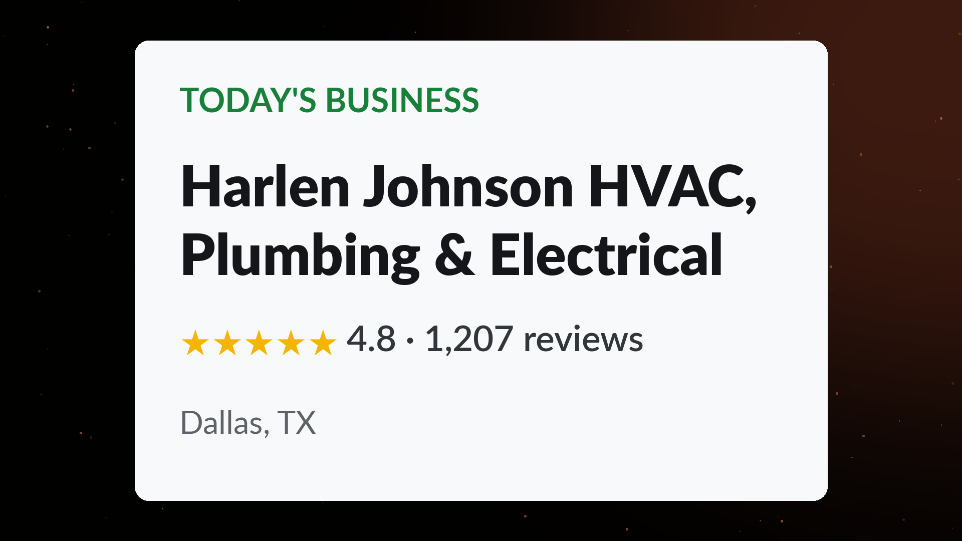 Harlen Johnson HVAC, Plumbing & Electrical business profile card showing a 4.8 star rating across 1,207 Google reviews in Dallas, TX