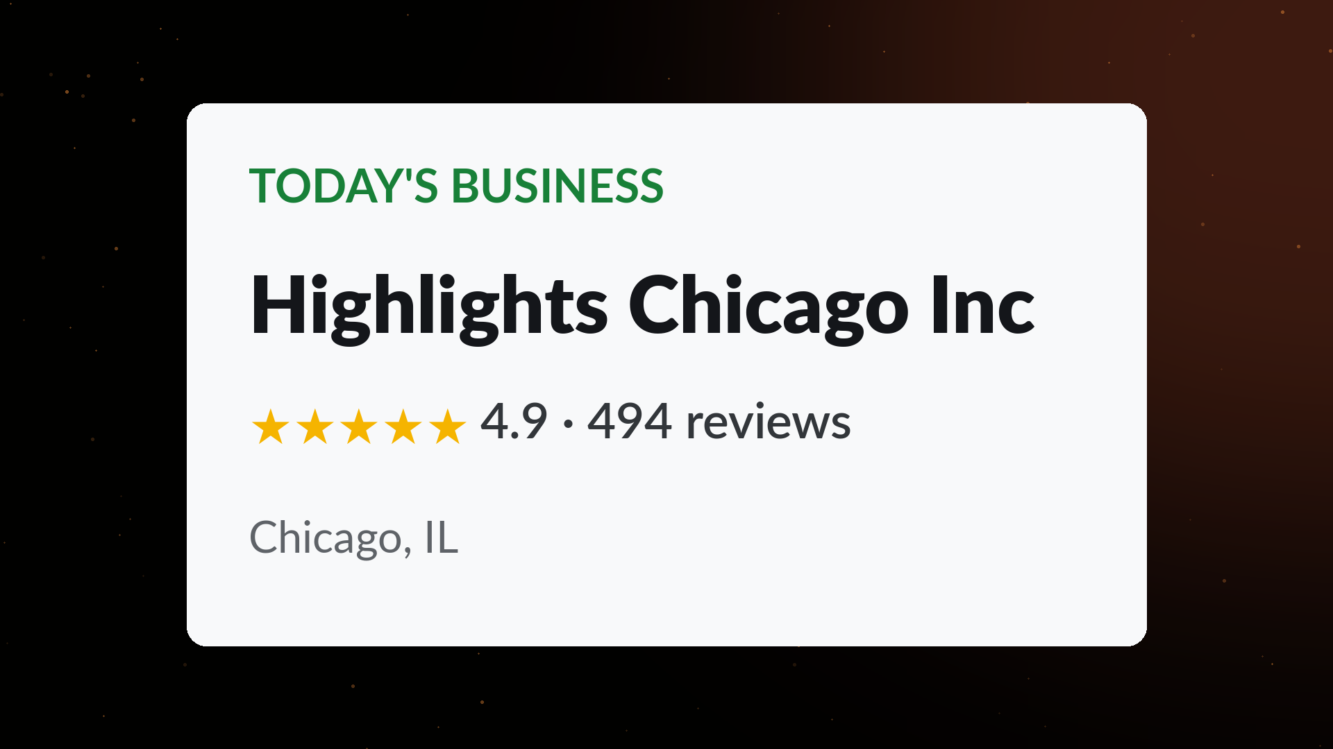 Highlights Chicago Inc business profile card showing a 4.9 star rating across 494 Google reviews in Chicago, IL