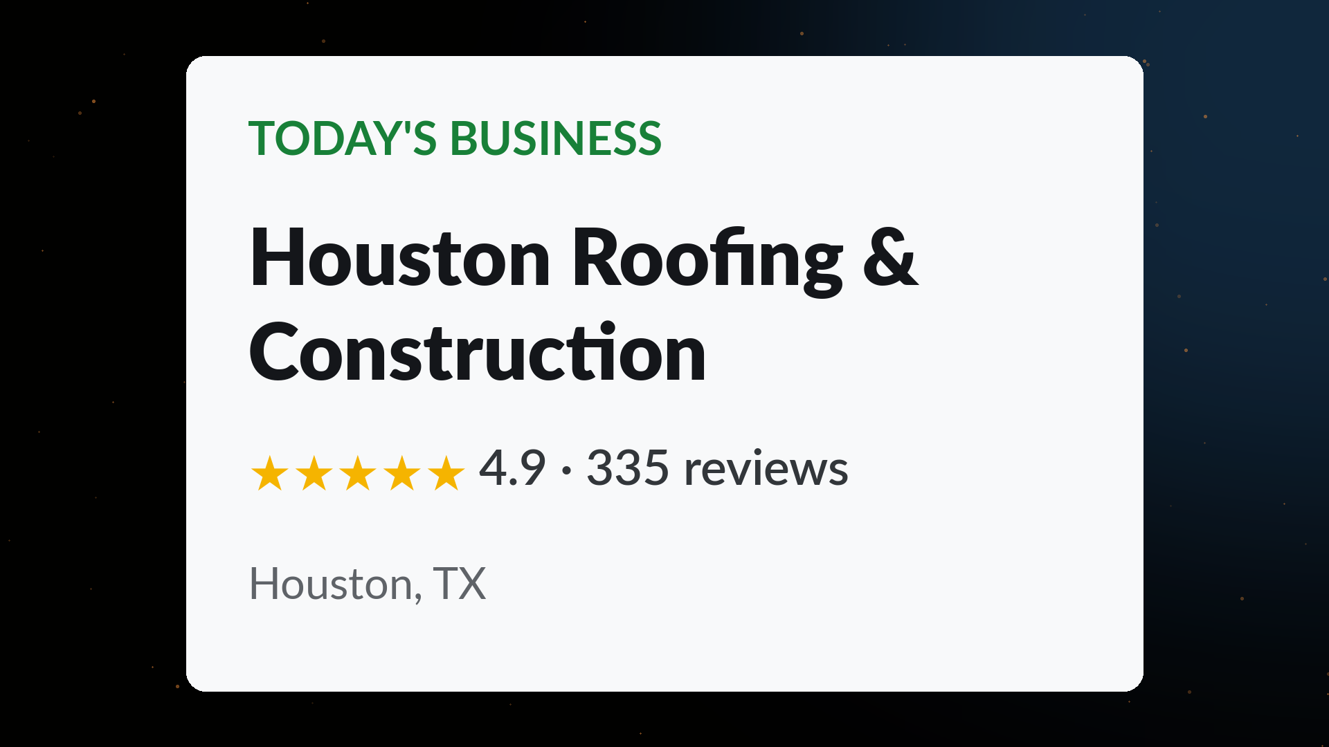 Houston Roofing & Construction business profile card showing a 4.9 star rating across 335 Google reviews in Houston, TX