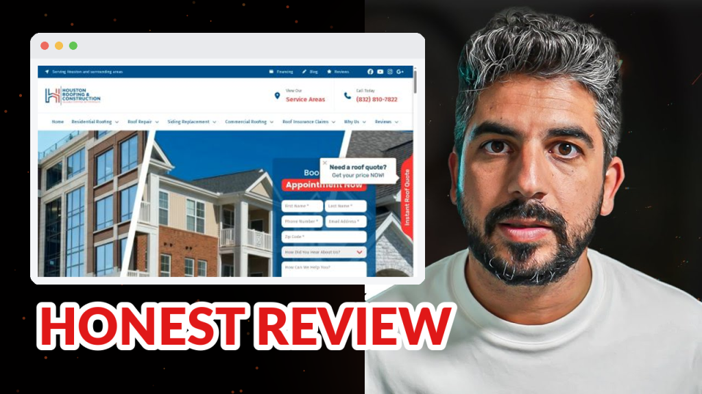Houston Roofing & Construction review: 4.9 stars across 335 reviews — and the call button on their own site goes nowhere. (Houston, TX marketing breakdown)