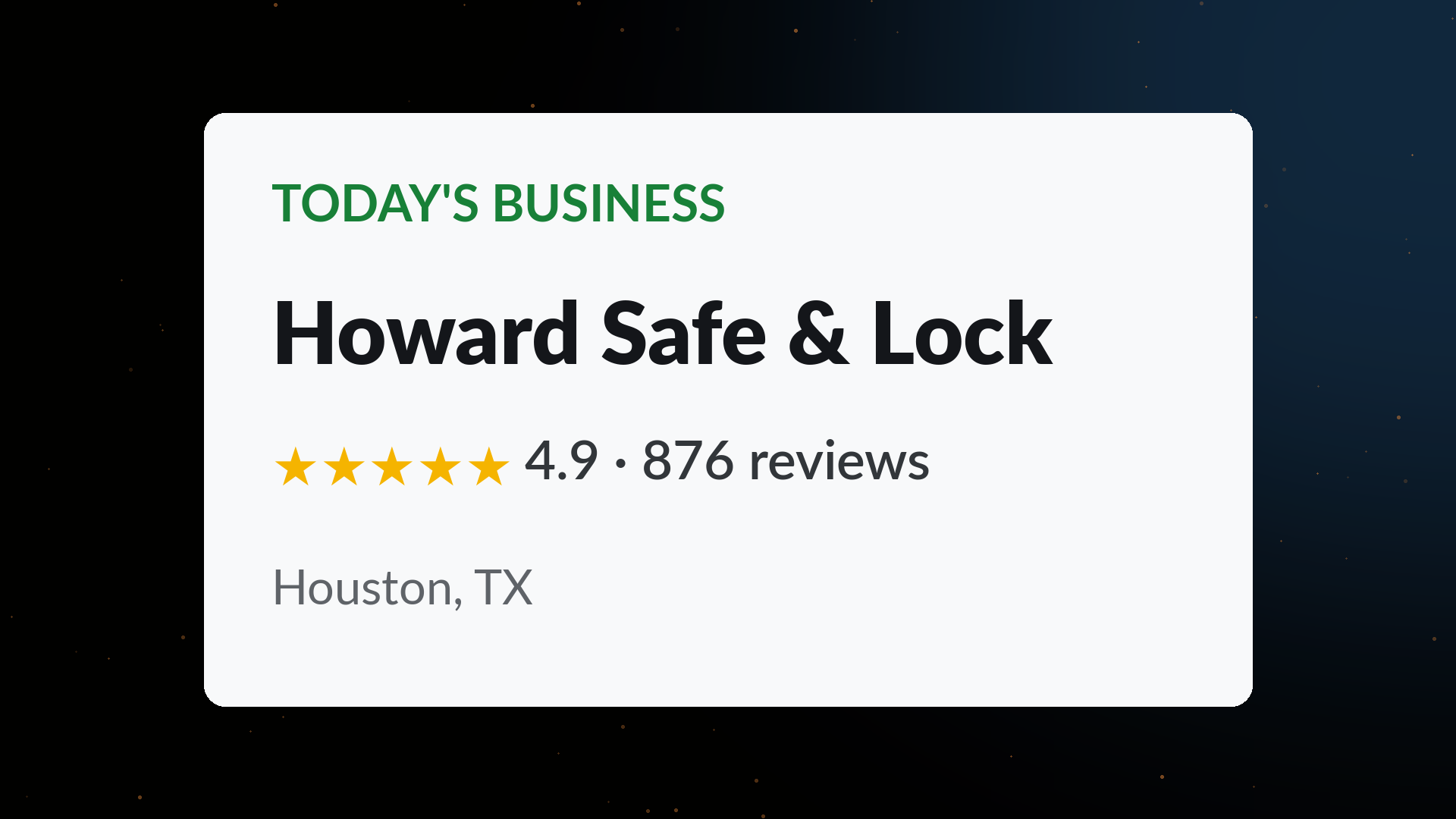 Howard Safe & Lock business card showing a 4.9 star rating across 876 Google reviews in Houston, TX