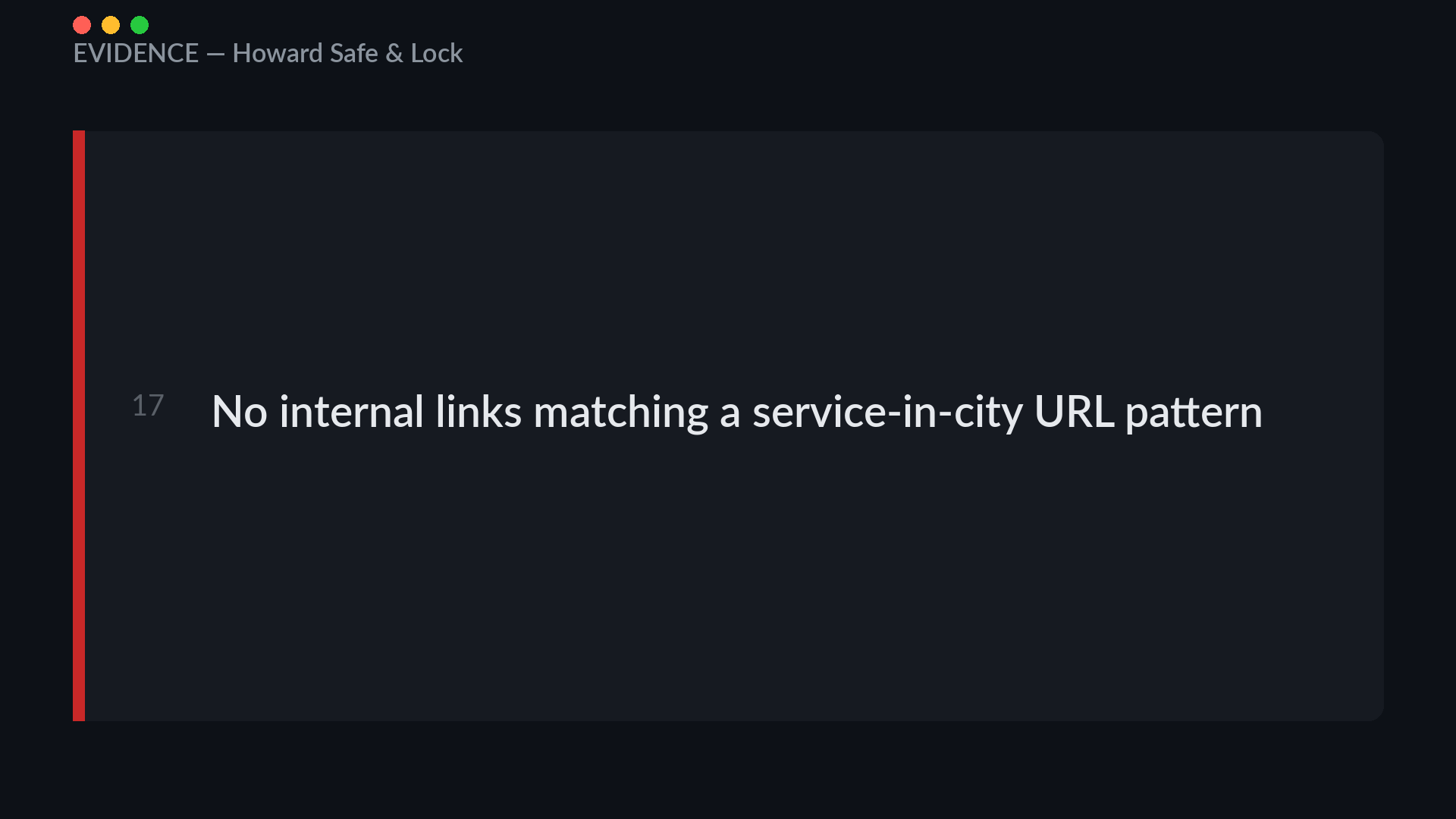 Internal link scan of howardsafeandlock.com returning zero URLs matching a service-in-city pattern