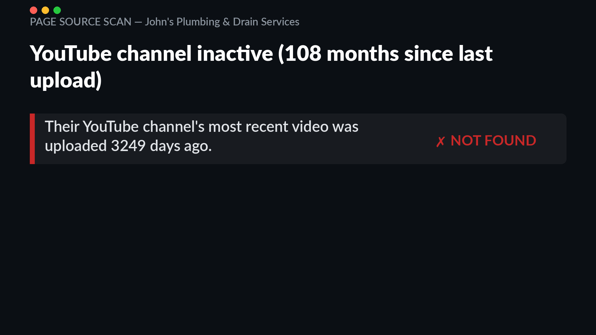 John's Plumbing YouTube channel check showing the most recent upload was 3249 days ago