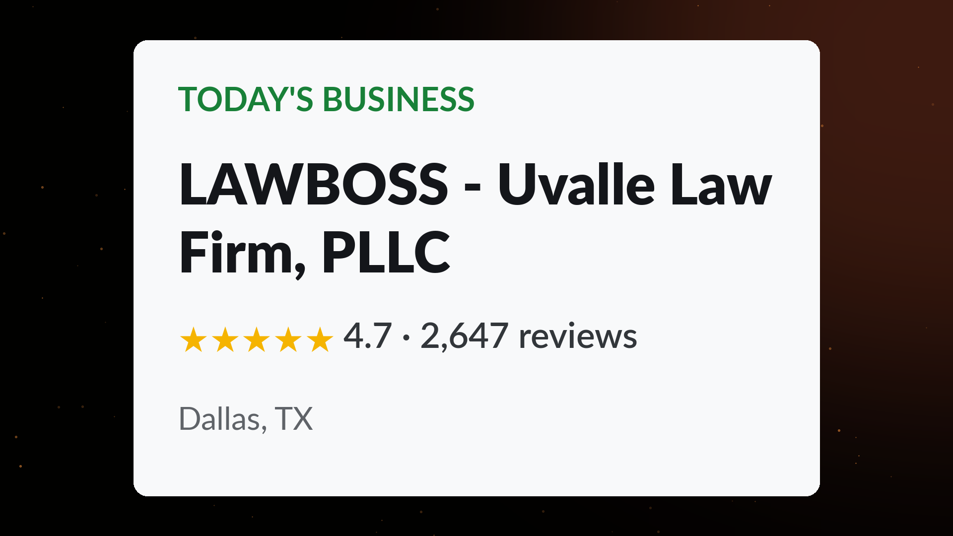LAWBOSS - Uvalle Law Firm business profile card showing a 4.7 star rating across 2,647 Google reviews in Dallas, TX