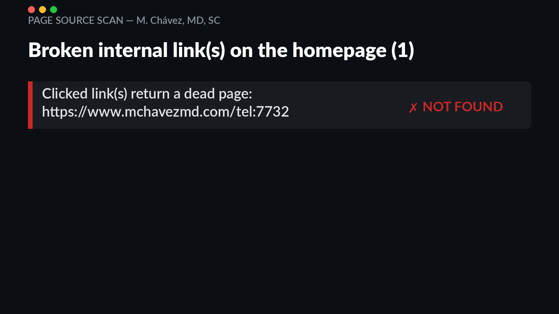 Link audit of mchavezmd.com showing the tap-to-call phone link pointing to a dead page