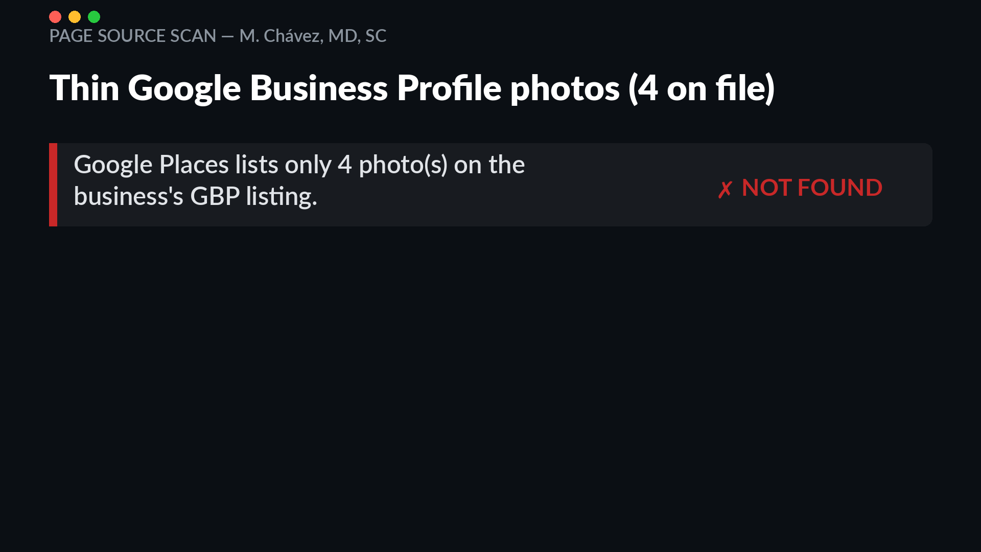 Google Business Profile audit for M. Chávez, MD, SC showing only 4 photos on the listing