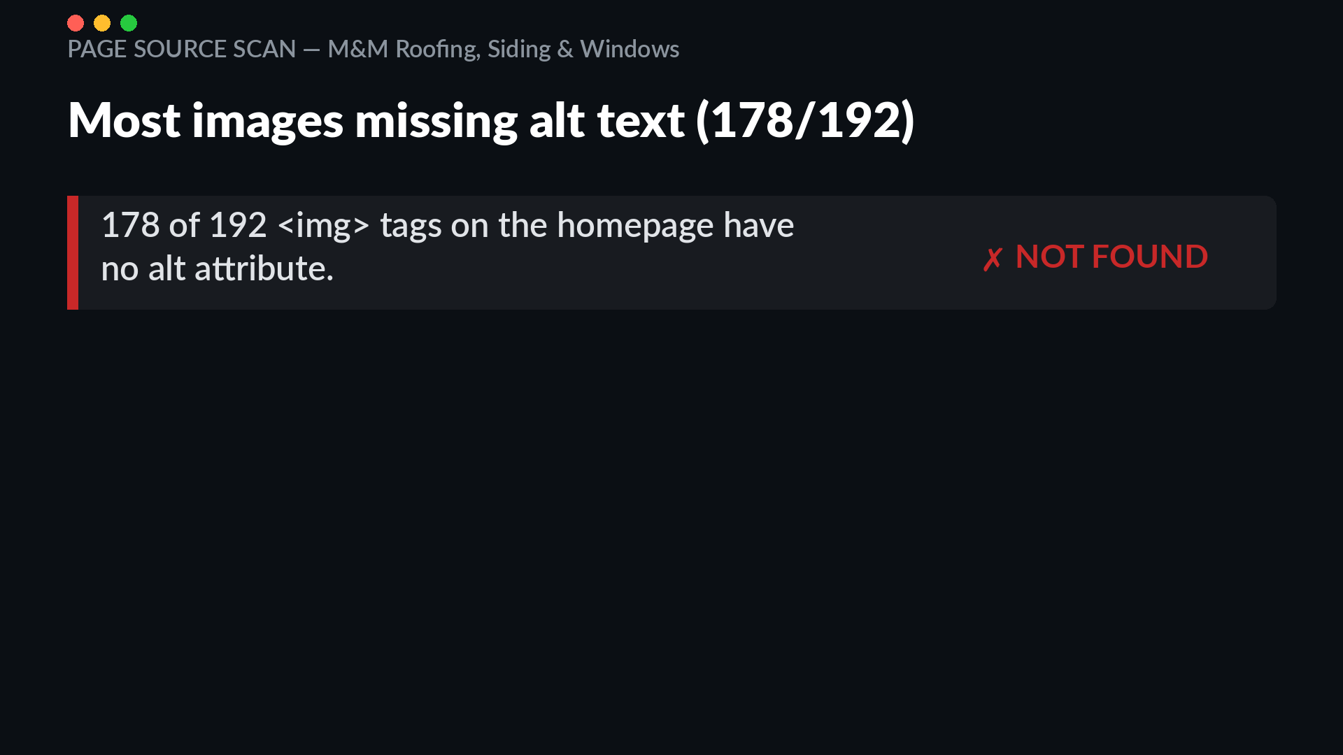 Alt-text audit of mmroofsiding.com showing 178 of 192 image tags on the homepage missing alt attributes