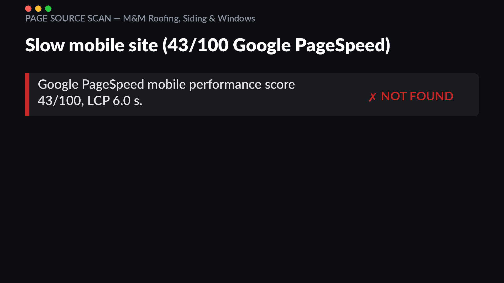 Google PageSpeed mobile audit of mmroofsiding.com showing a 43 out of 100 performance score with 6.0 second LCP