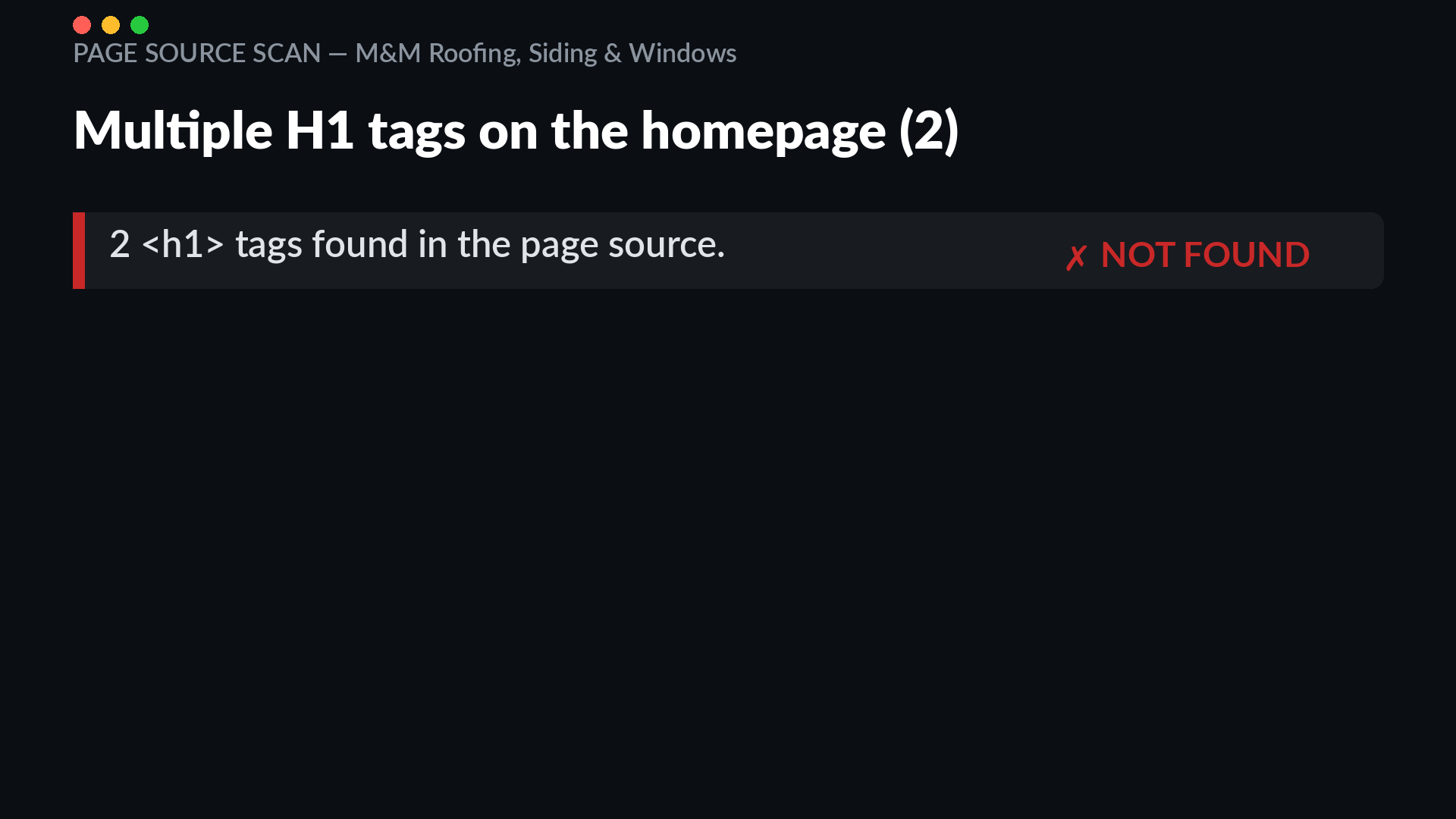 Page source scan of mmroofsiding.com showing two H1 headline tags on the homepage