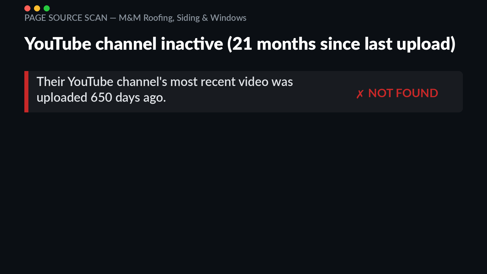 M&M Roofing YouTube channel check showing the most recent upload was 650 days ago