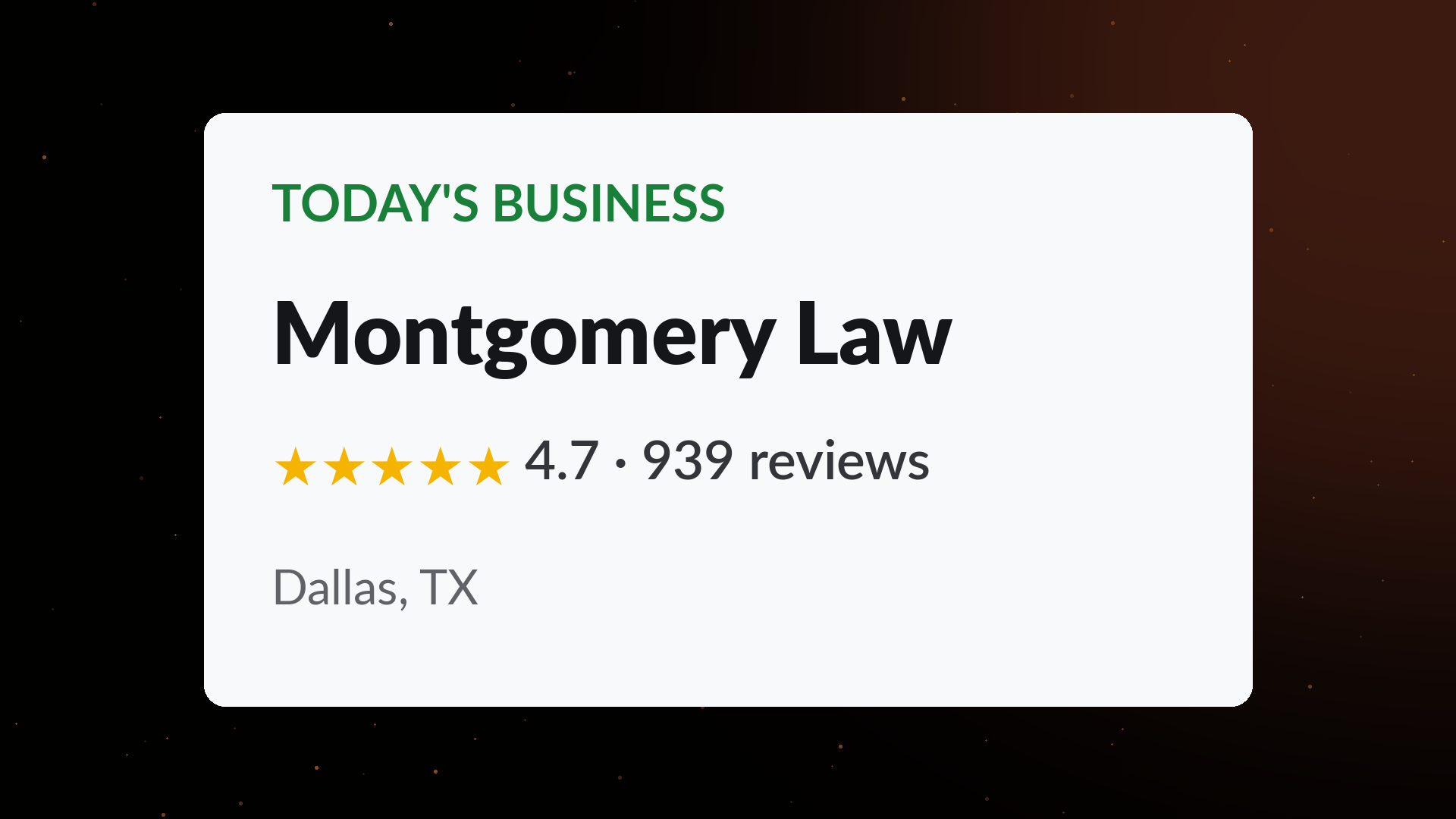 Montgomery Law business profile card showing a 4.7 star rating across 939 Google reviews in Dallas, TX