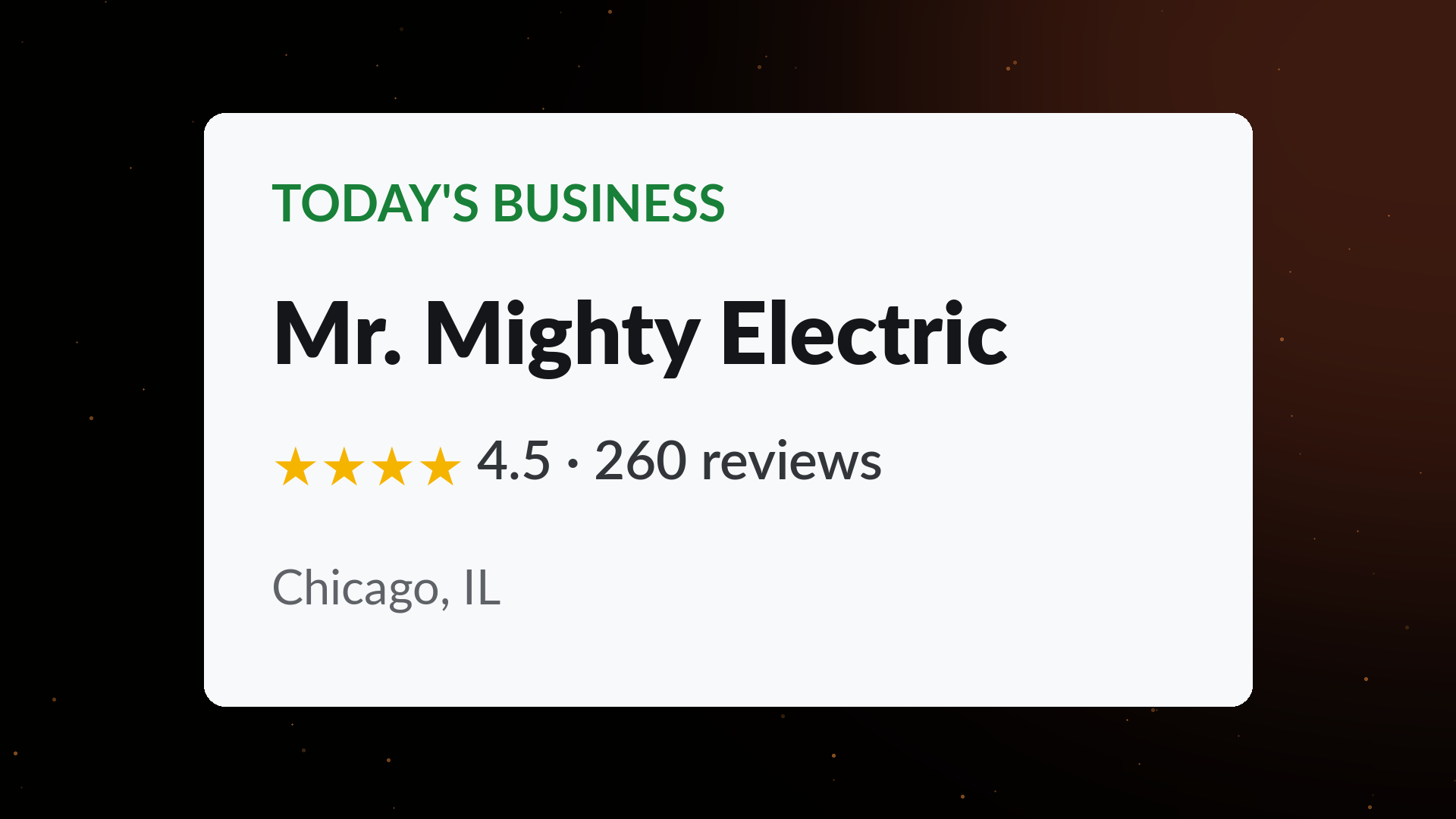 Mr. Mighty Electric business card showing a 4.5 star rating across 260 Google reviews in Chicago, IL