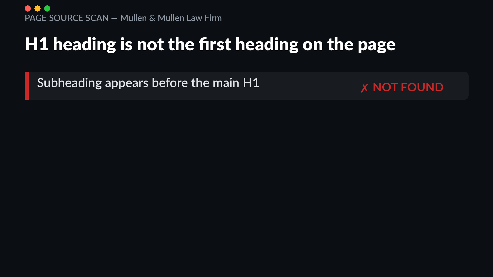 Homepage HTML of mullenandmullen.com showing a lower-level heading appearing before the page H1