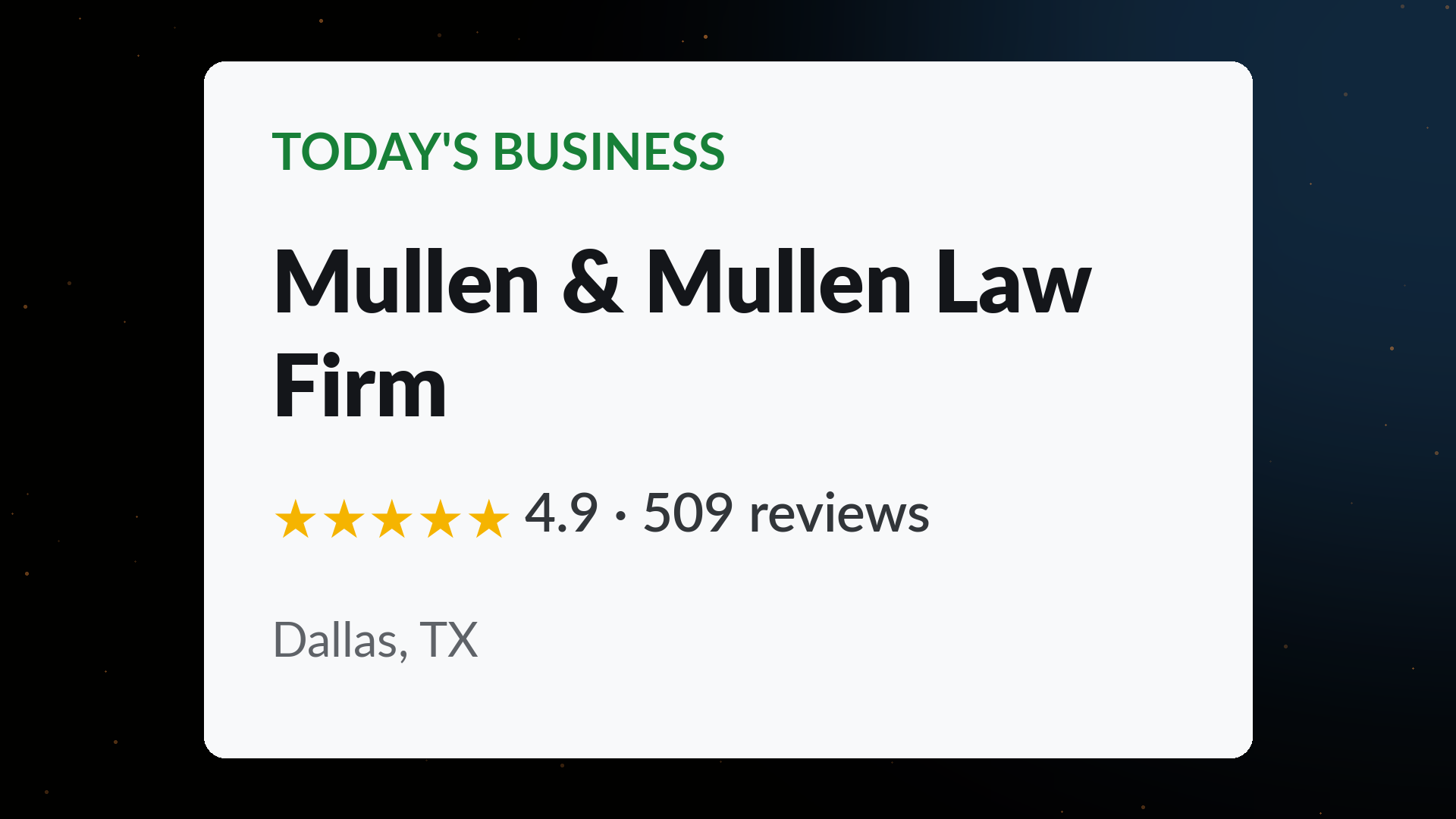 Mullen & Mullen Law Firm Google Business Profile showing a 4.9 star rating across 509 reviews in Dallas, TX