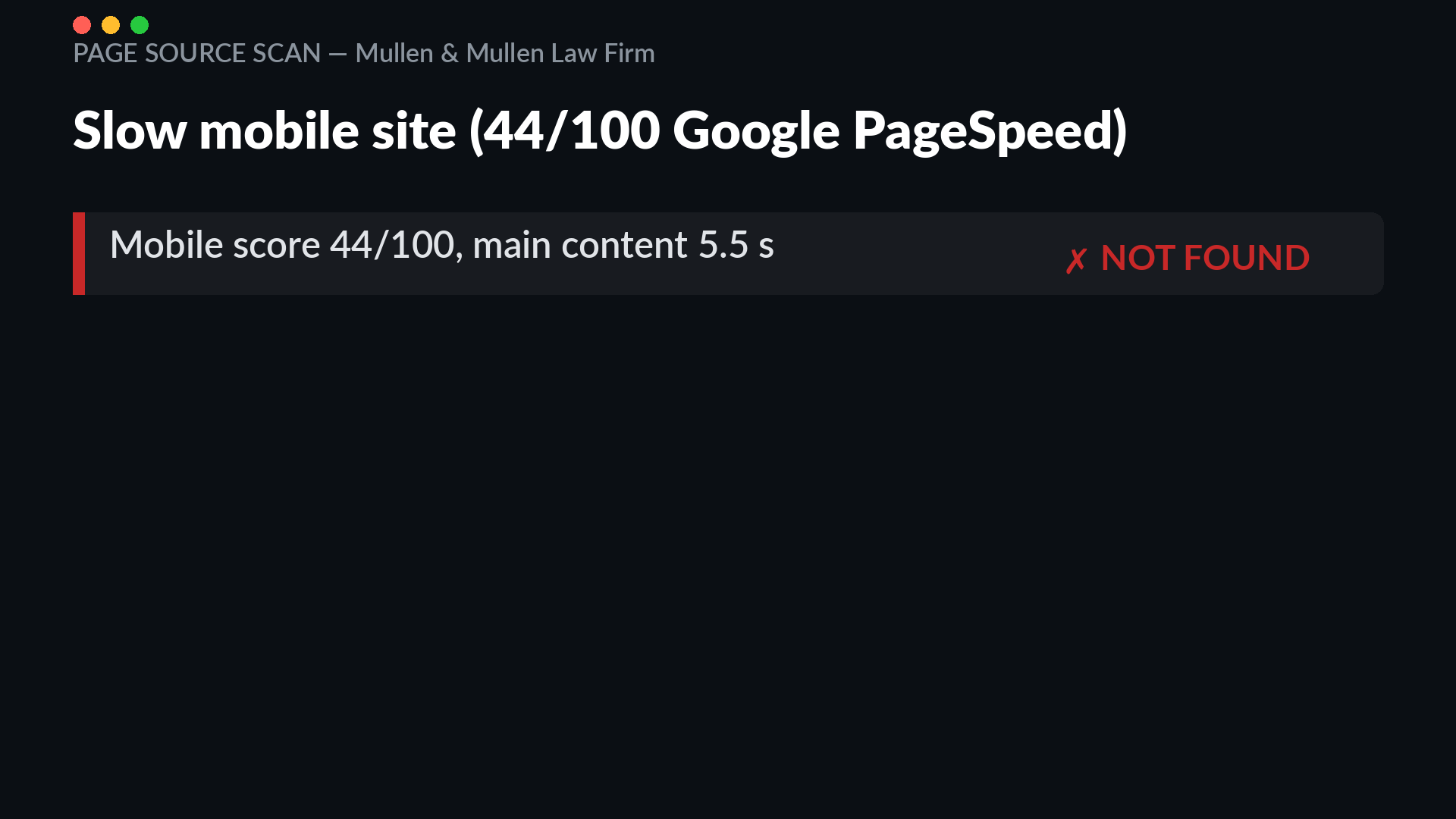 Google PageSpeed mobile performance score of 44 out of 100 with 5.5 second LCP for mullenandmullen.com