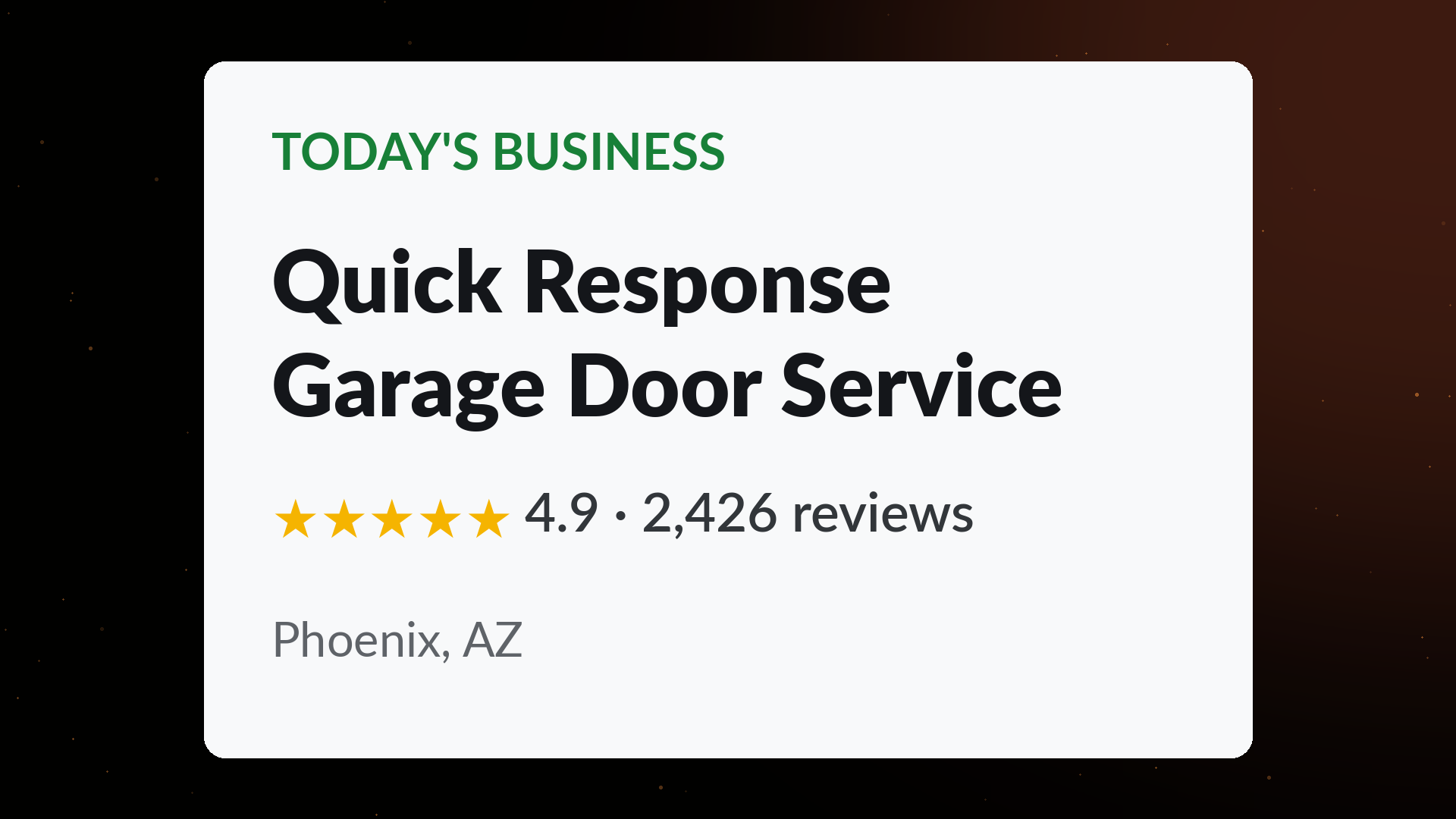 Quick Response Garage Door Service business card showing a 4.9 star rating across 2,426 Google reviews in Phoenix, AZ