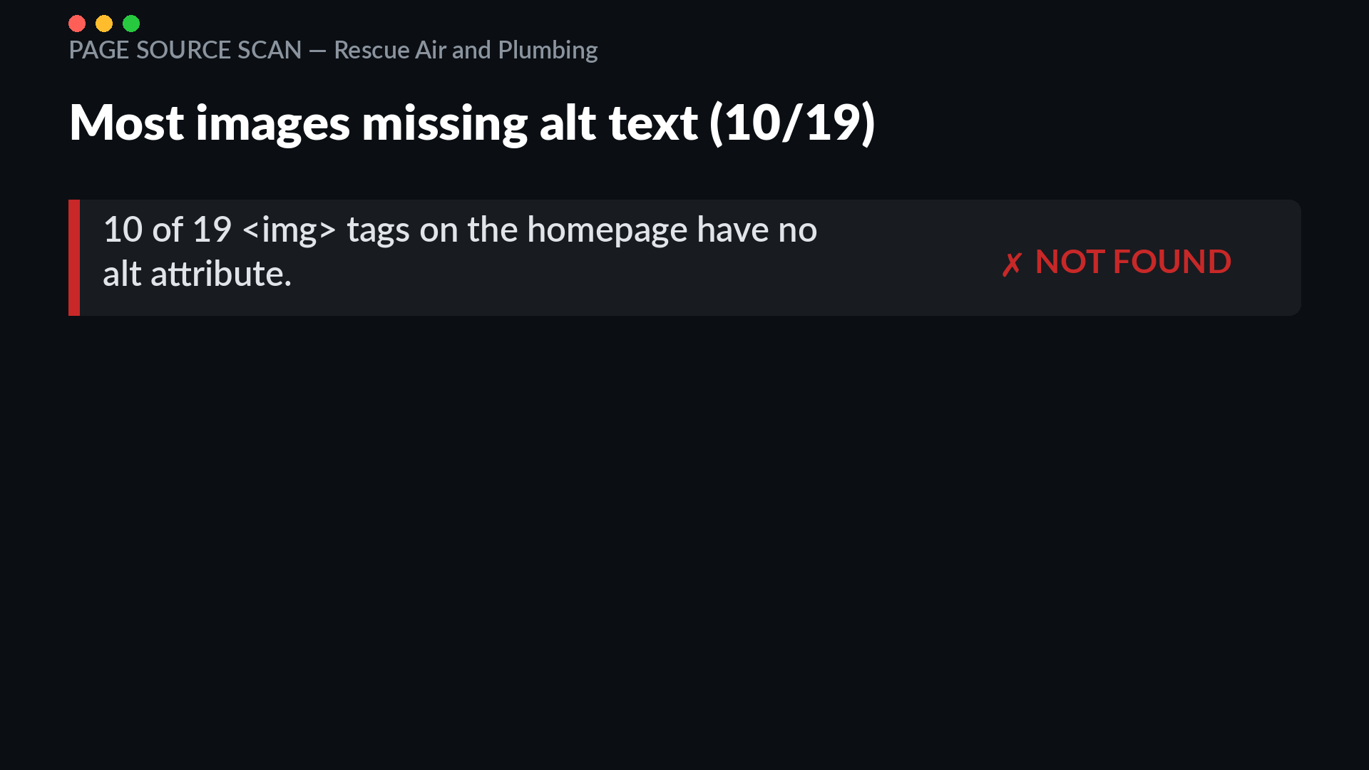 Source scan of rescueairtx.com showing 10 of 19 img tags on the homepage have no alt attribute