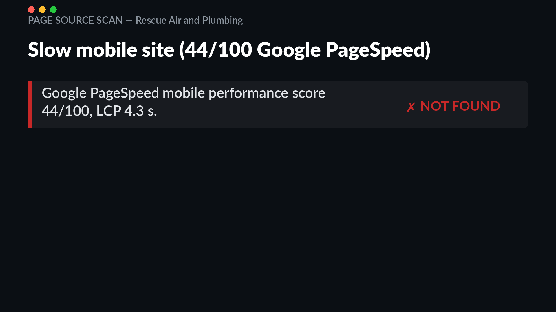 Google PageSpeed Insights mobile report for rescueairtx.com showing a score of 44 out of 100 and LCP of 4.3 seconds