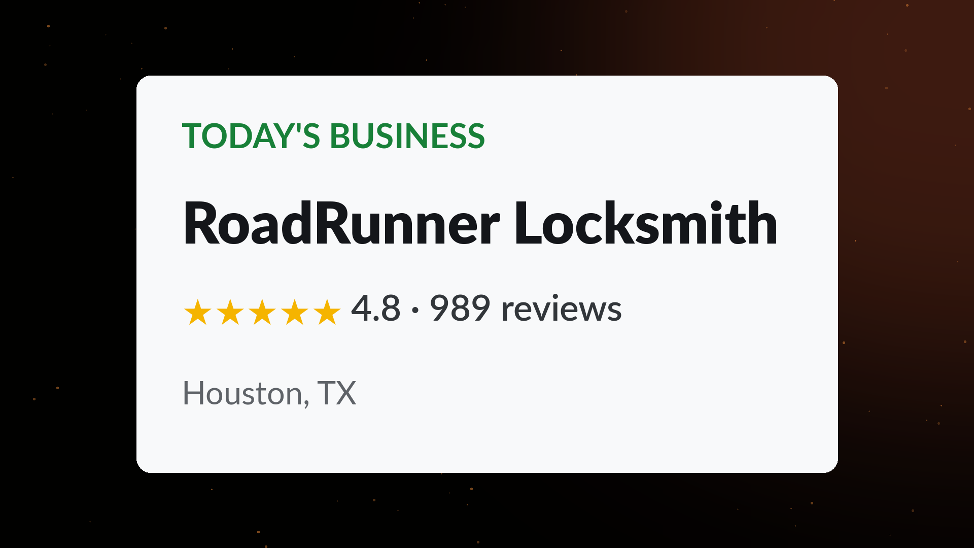 RoadRunner Locksmith business profile card showing a 4.8 star rating across 989 Google reviews in Houston, TX