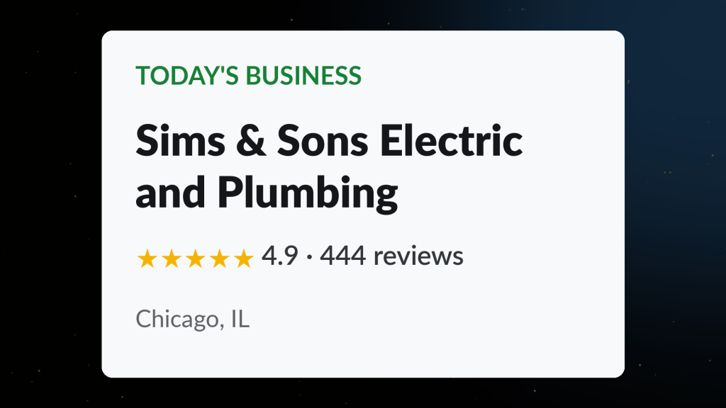 Google Business Profile for Sims & Sons Electric and Plumbing showing a 4.9 star rating across 444 reviews in Chicago, IL
