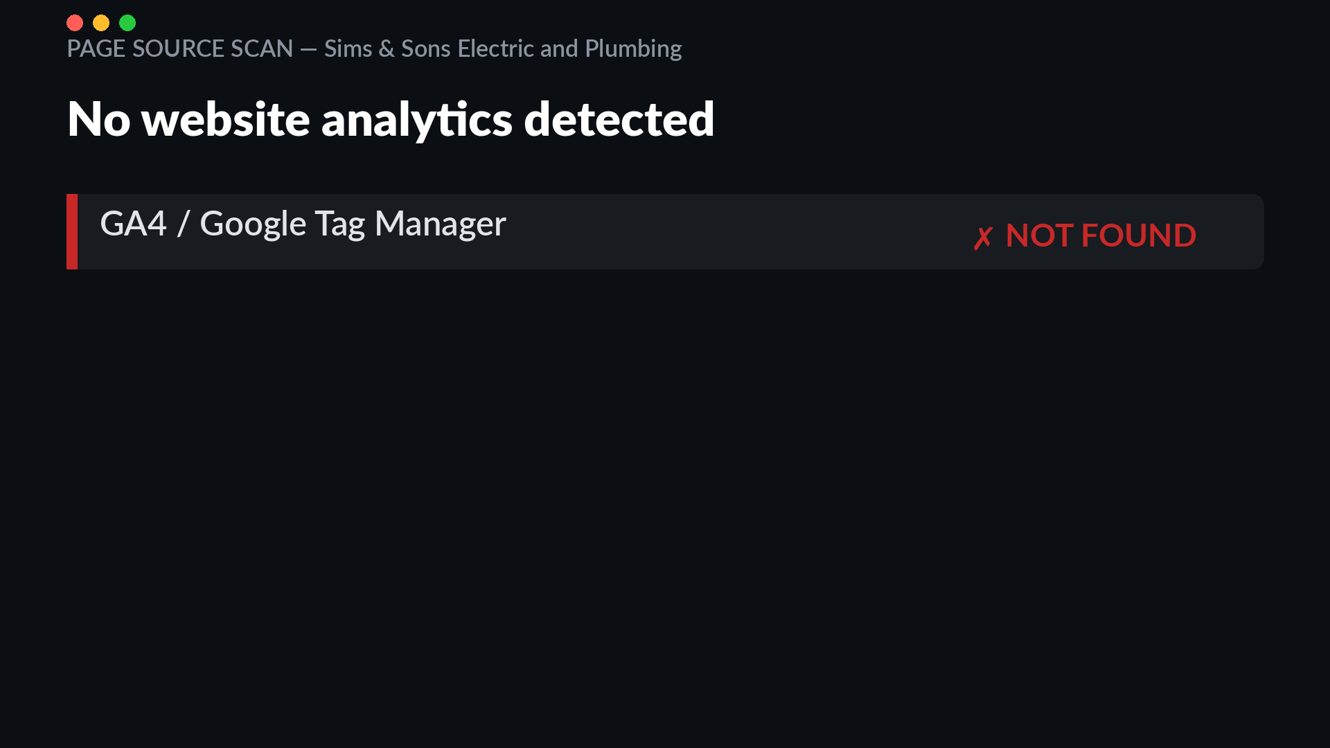 Page source scan of simsandsonselectric.com returning no GA4 or Google Tag Manager analytics script