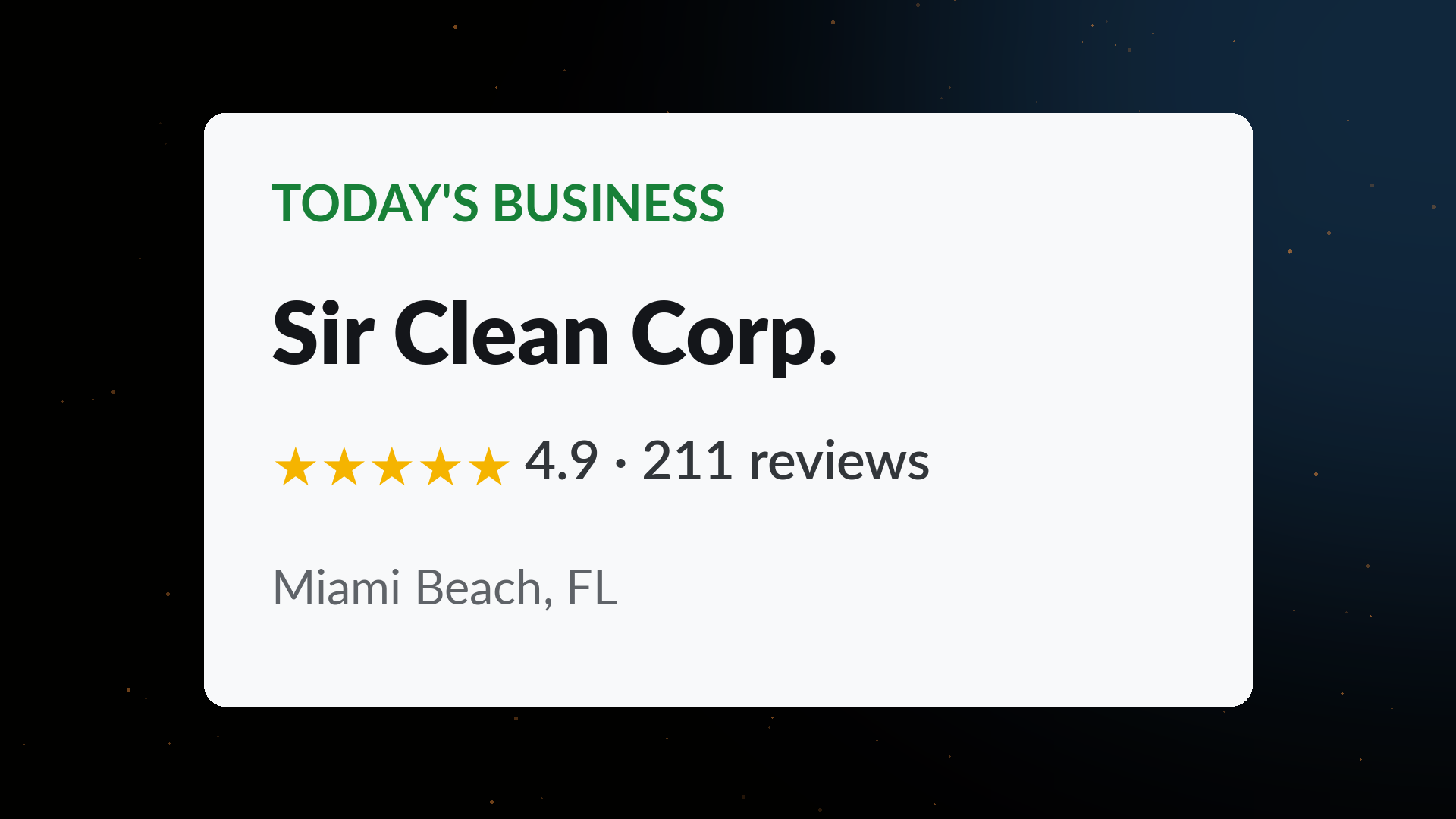 Sir Clean Corp. business profile card showing a 4.9 star rating across 211 Google reviews in Miami Beach, FL