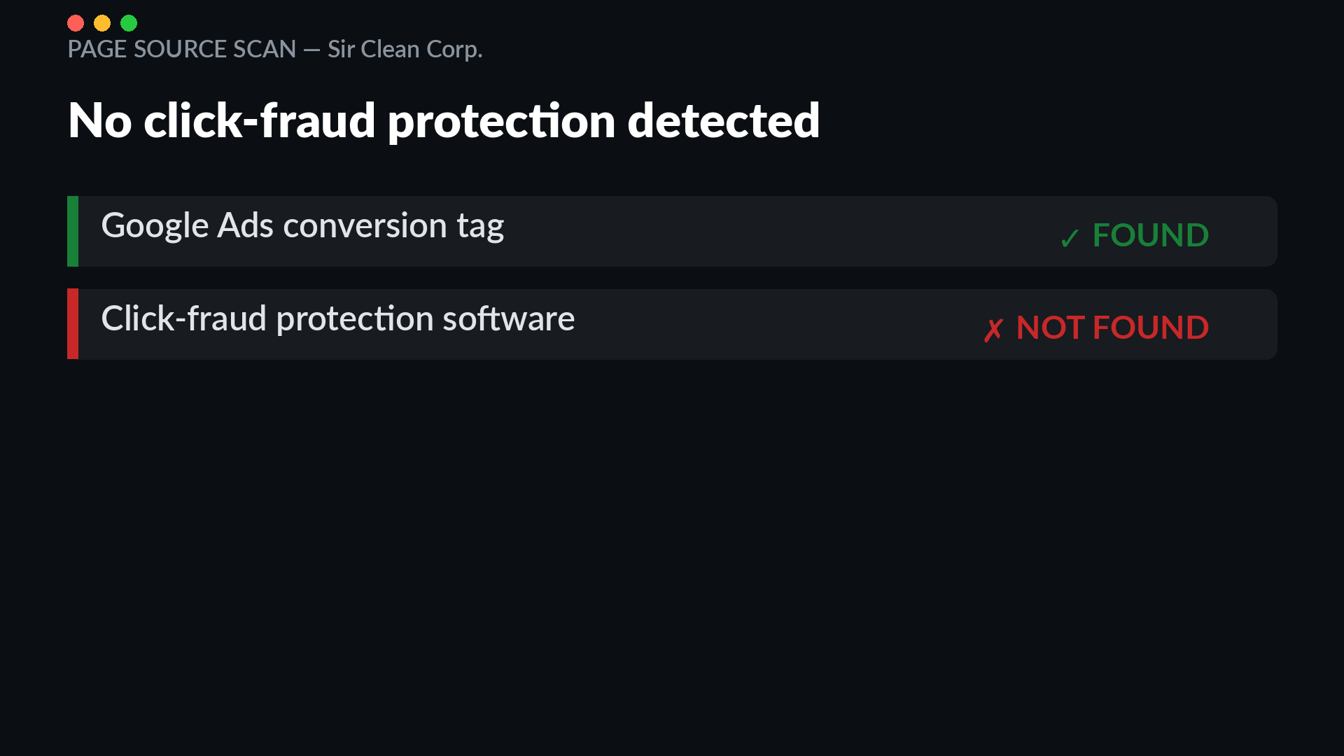 Page source scan of sirclean.com showing a Google Ads conversion tag present but no click-fraud protection software detected