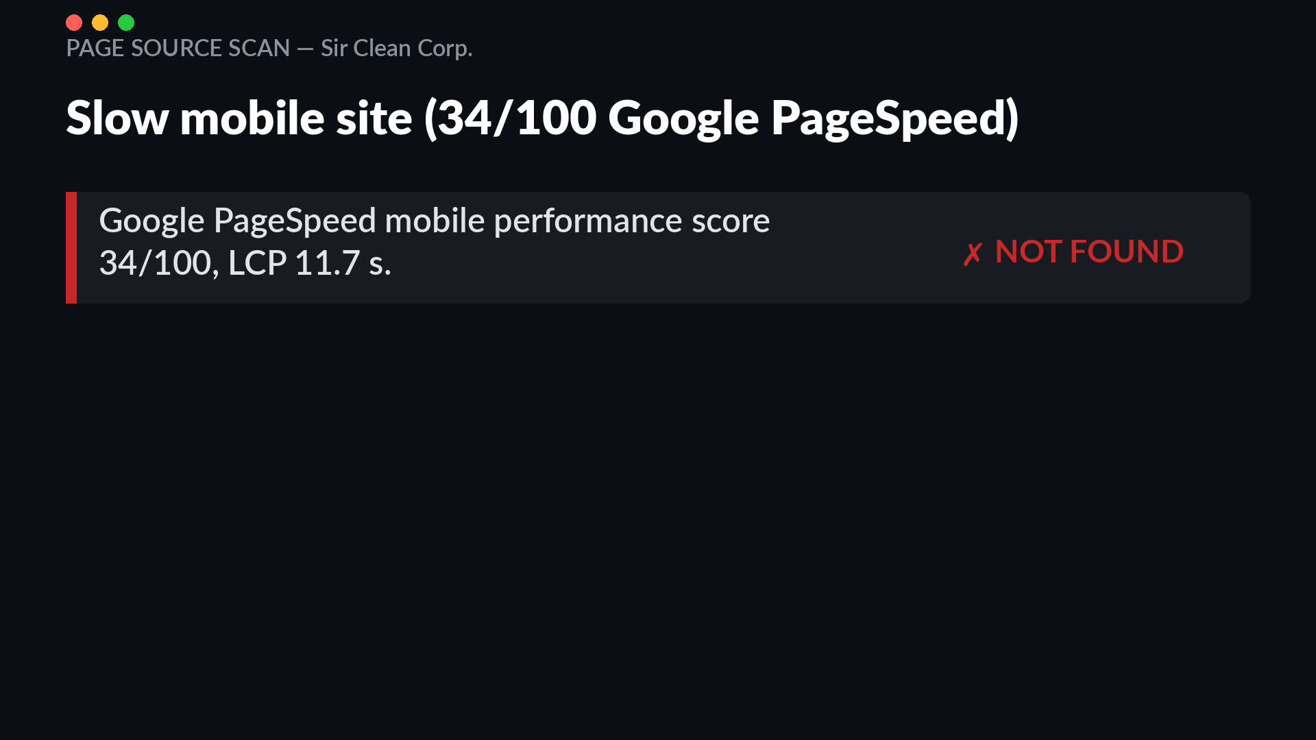 Google PageSpeed mobile report for sirclean.com showing a score of 34 out of 100 and LCP of 11.7 seconds